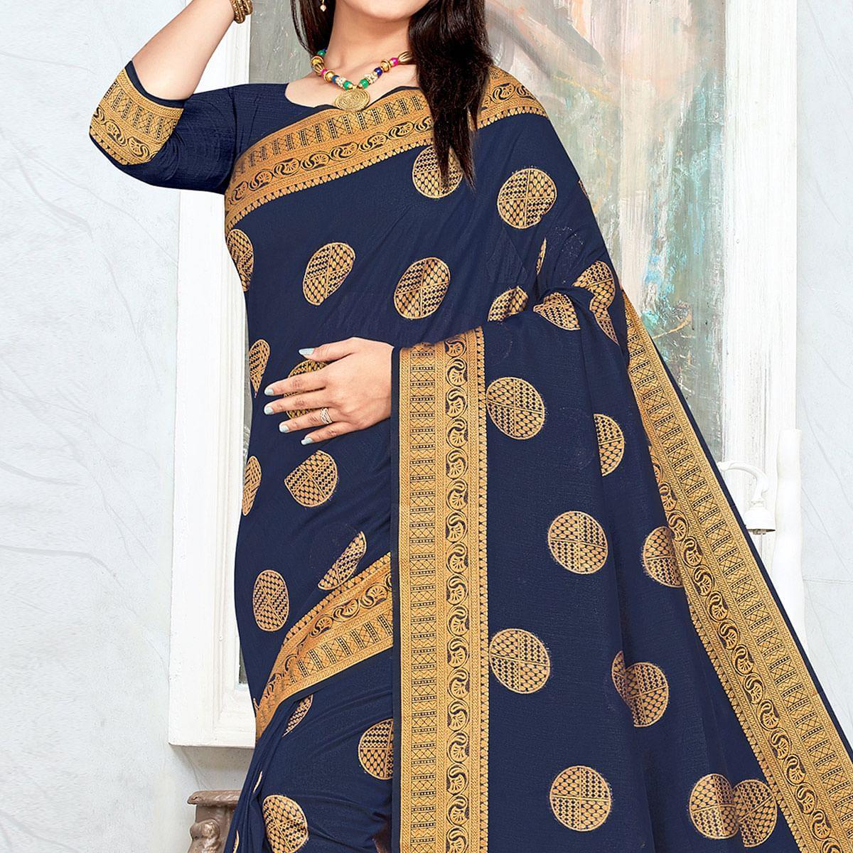 Navy Blue Woven Cotton Silk Saree - Peachmode