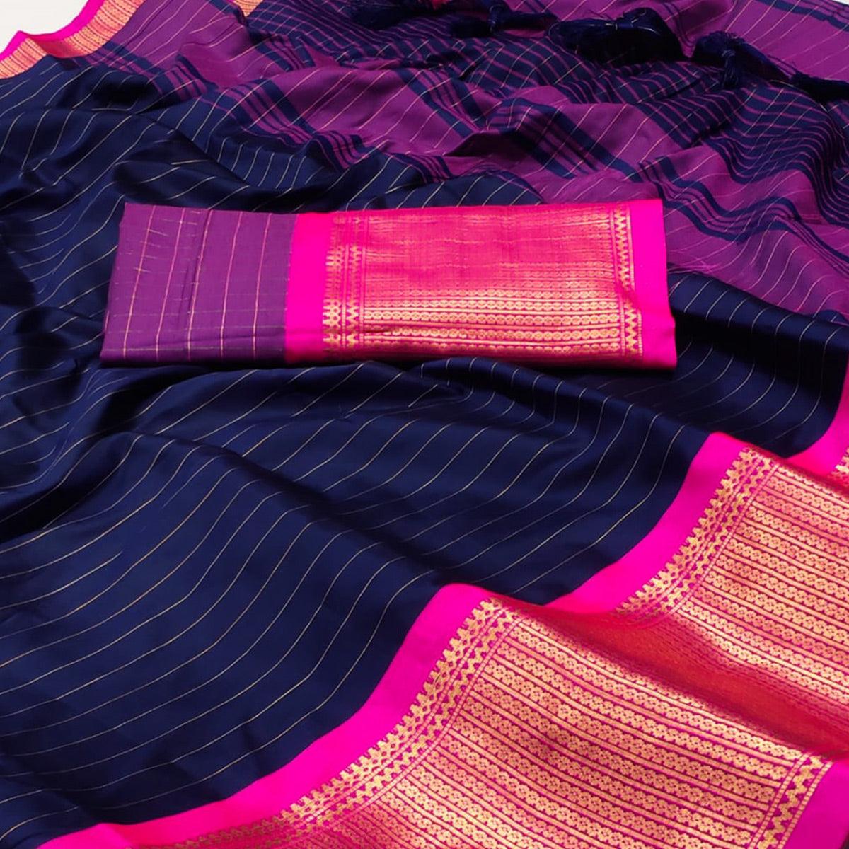 Navy Blue Woven Cotton Silk Saree - Peachmode