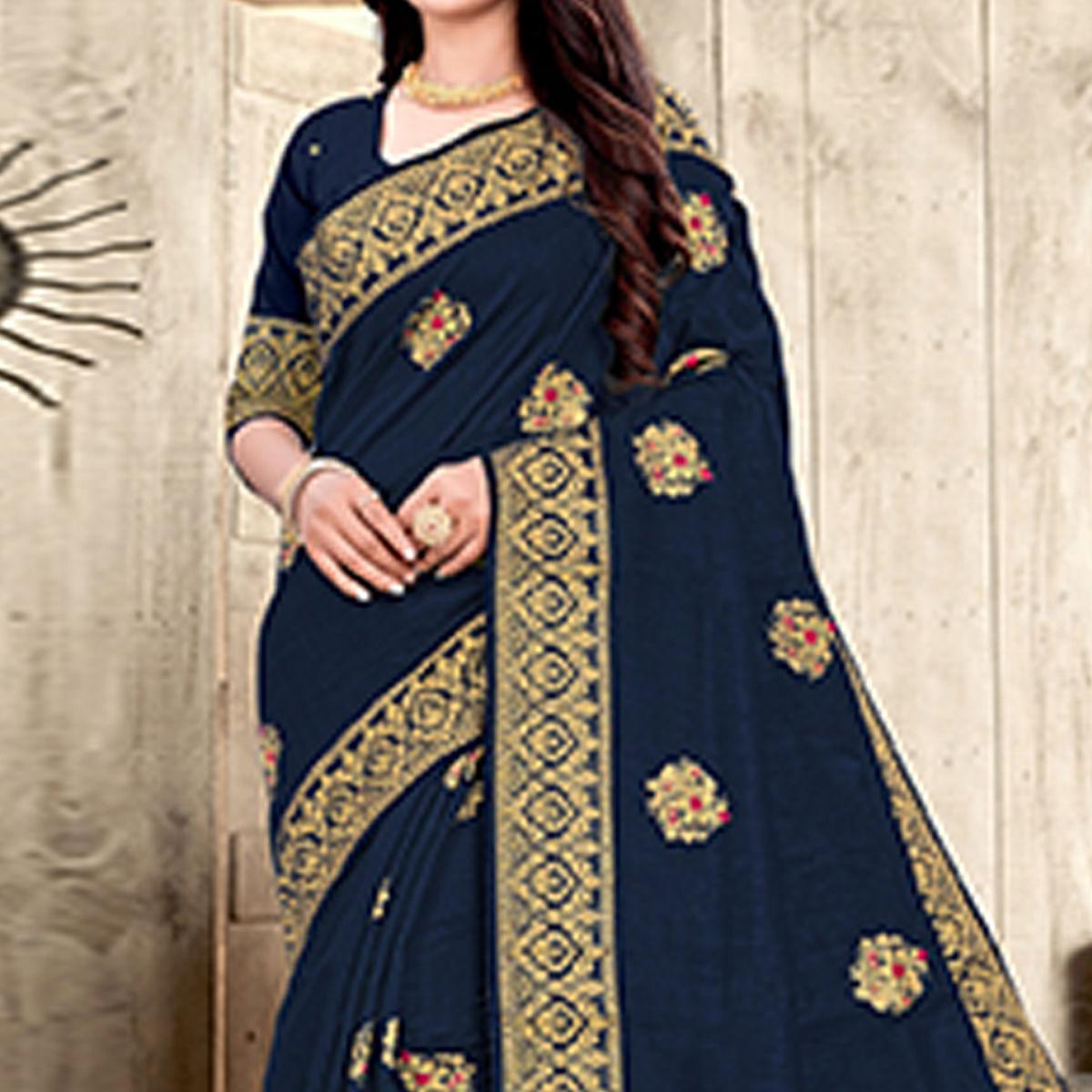 Navy Blue Woven Cotton Silk Saree - Peachmode