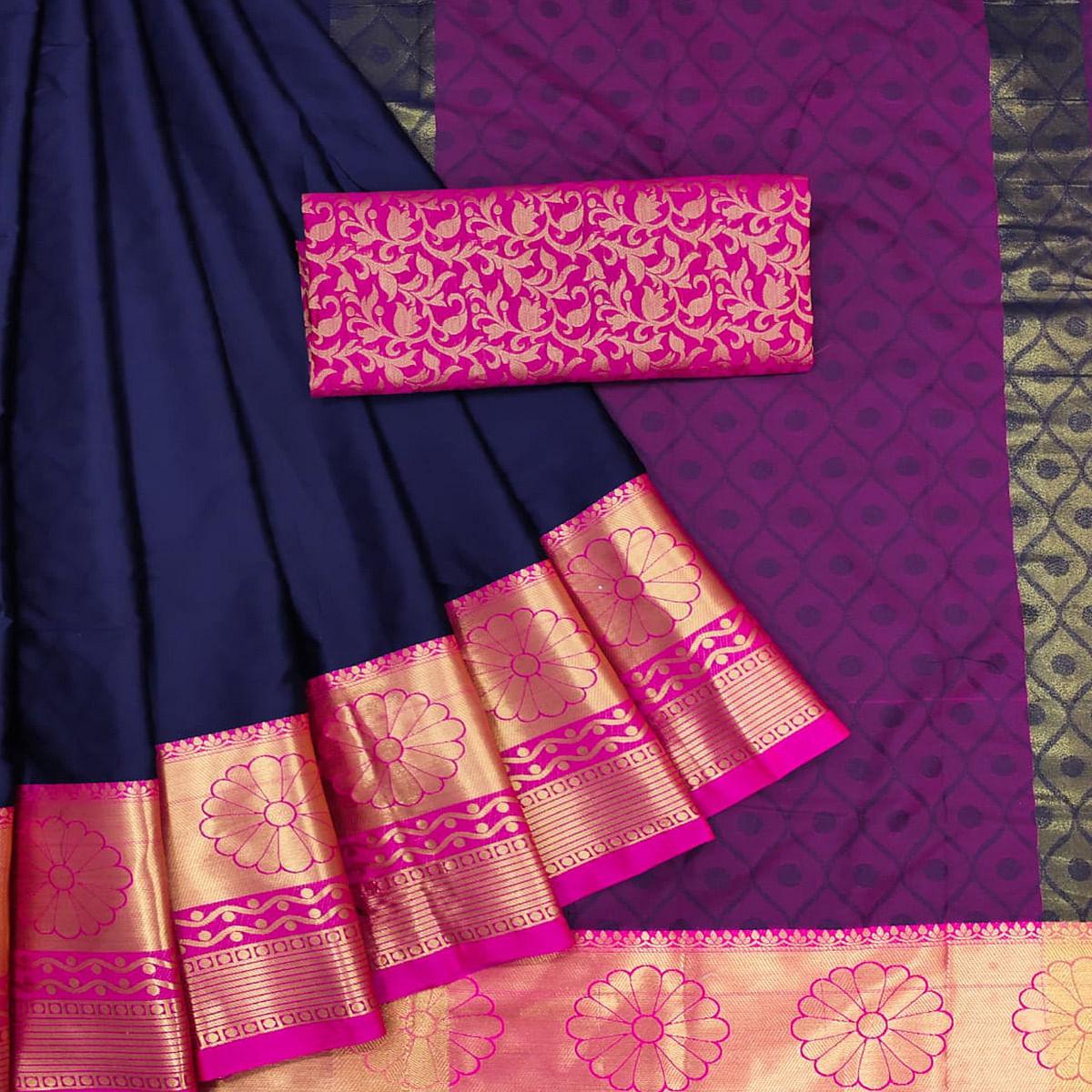 Navy Blue Woven Cotton Silk Saree - Peachmode