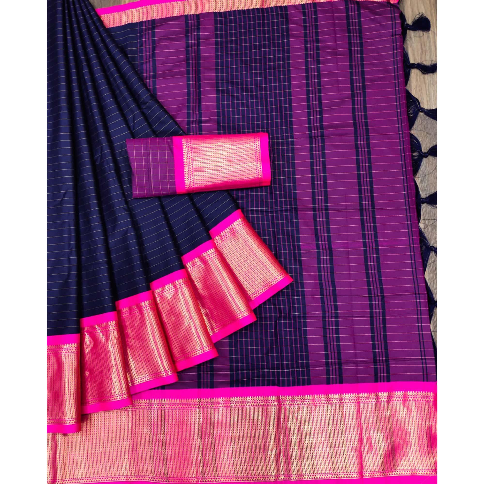 Navy Blue Woven Cotton Silk Saree - Peachmode