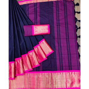 Navy Blue Woven Cotton Silk Saree - Peachmode