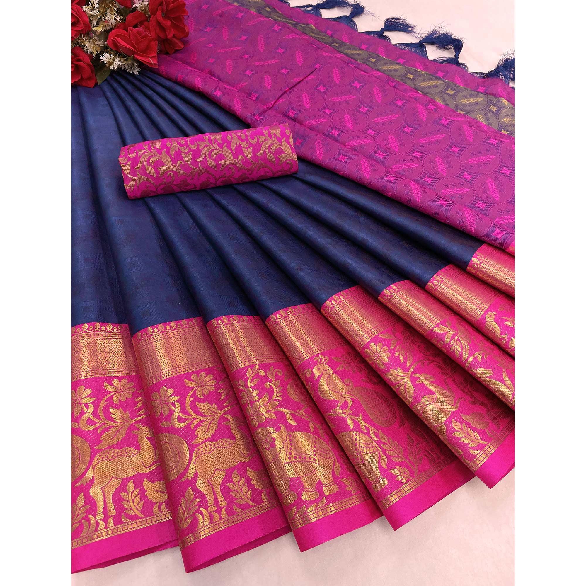 Navy Blue Woven Cotton Silk Saree - Peachmode