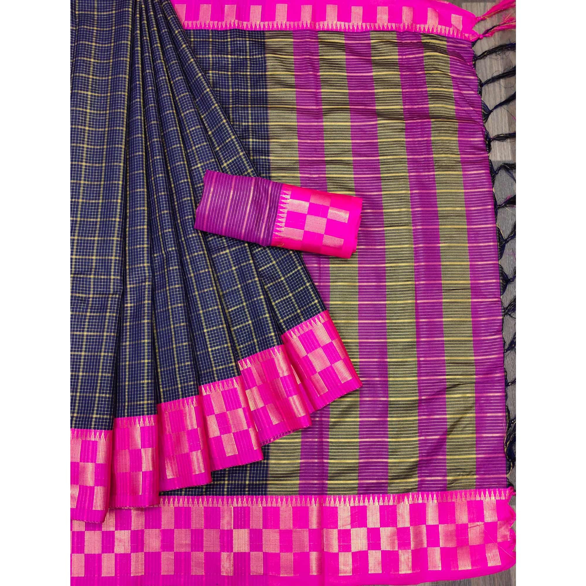 Navy Blue Woven Cotton Silk Saree - Peachmode