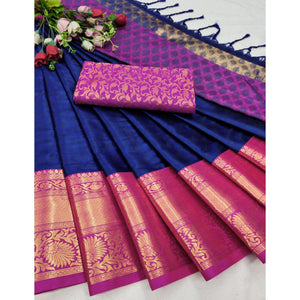 Navy Blue Woven Cotton Silk Saree - Peachmode
