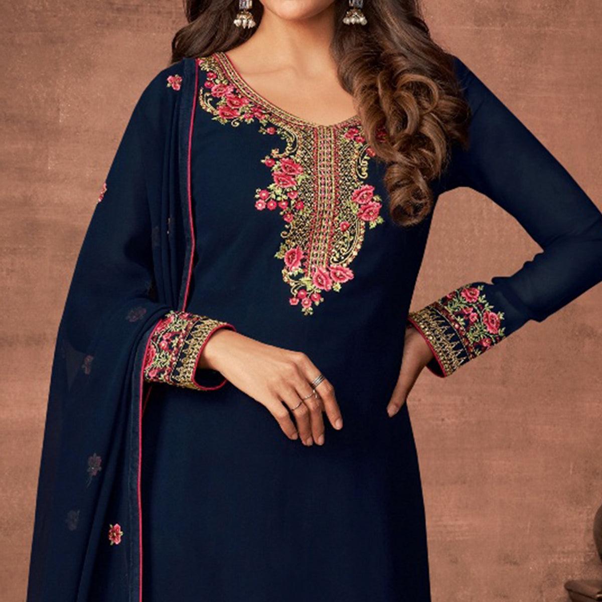 Navy Blue Woven Georgette Straight Partywear Suit - Peachmode