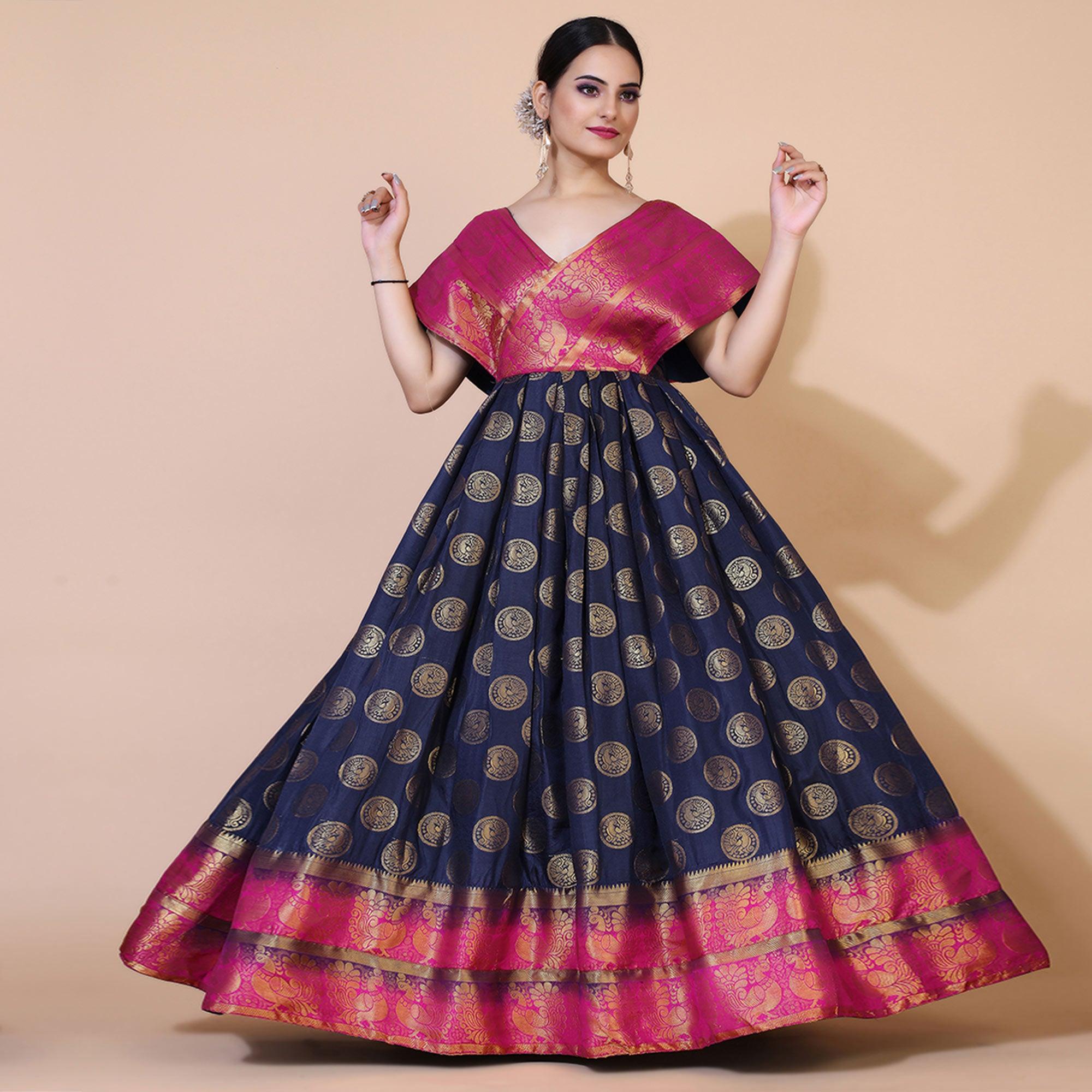 Navy Blue Woven Jacquard Anarkali Style Gown - Peachmode