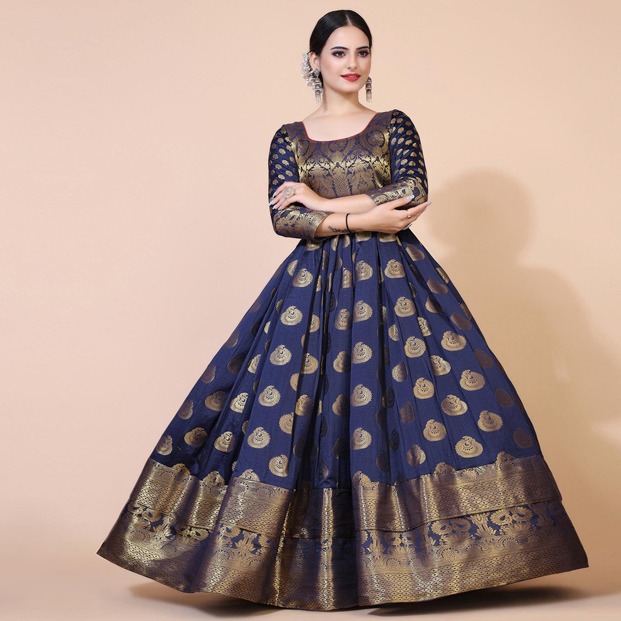 Navy Blue Woven Jacquard Anarkali Style Gown - Peachmode