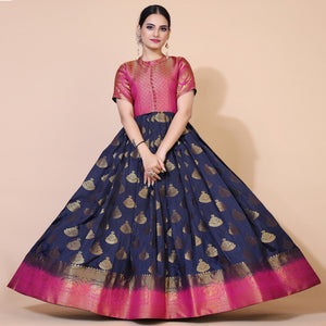 Navy Blue Woven Jacquard Anarkali Style Gown - Peachmode