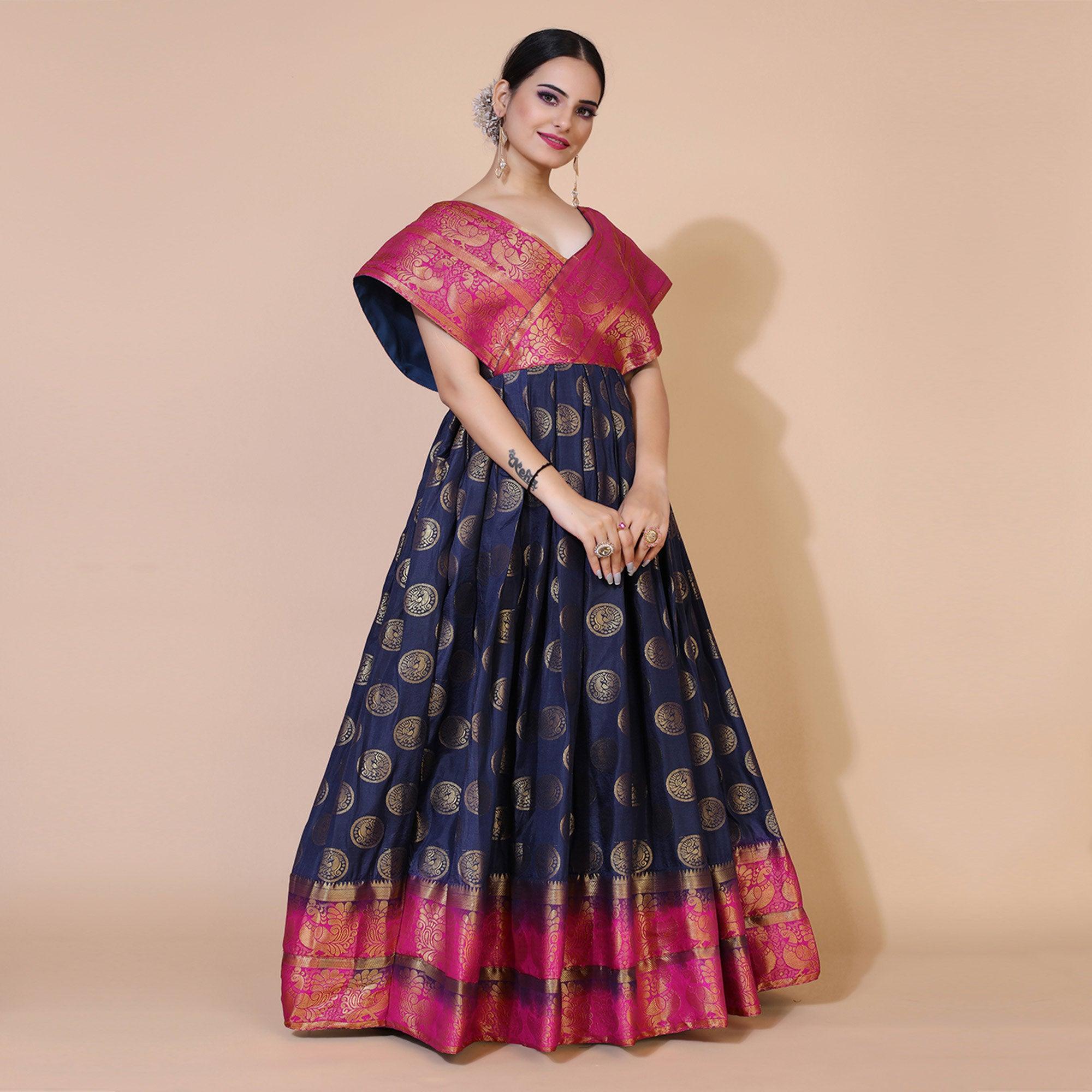 Navy Blue Woven Jacquard Anarkali Style Gown - Peachmode