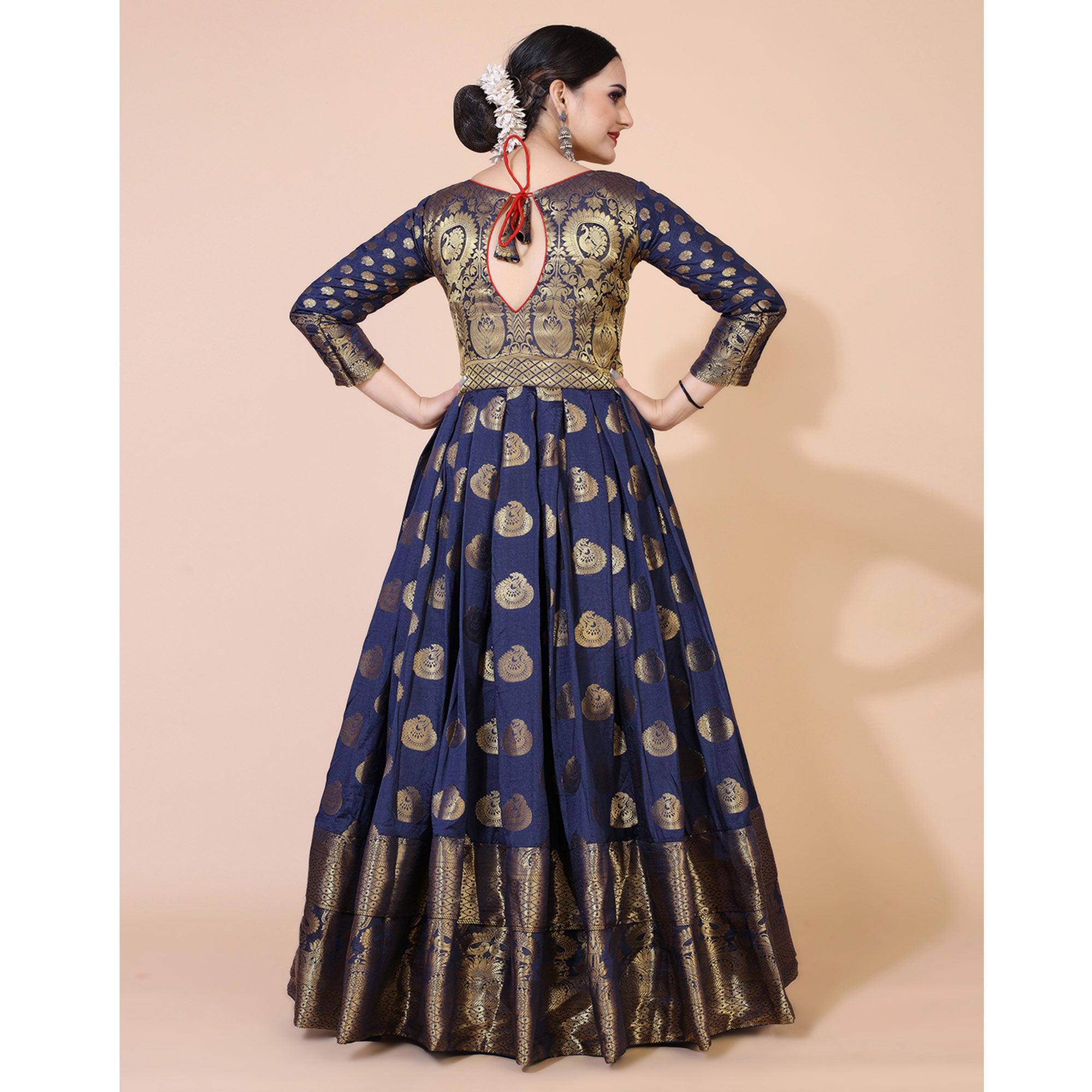 Navy Blue Woven Jacquard Anarkali Style Gown - Peachmode
