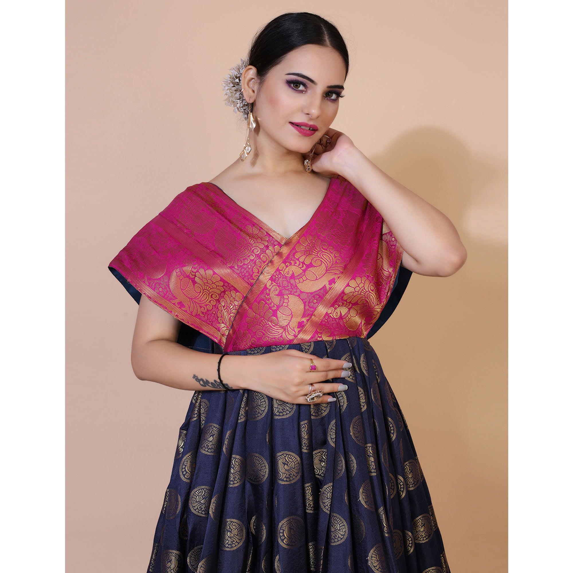 Navy Blue Woven Jacquard Anarkali Style Gown - Peachmode