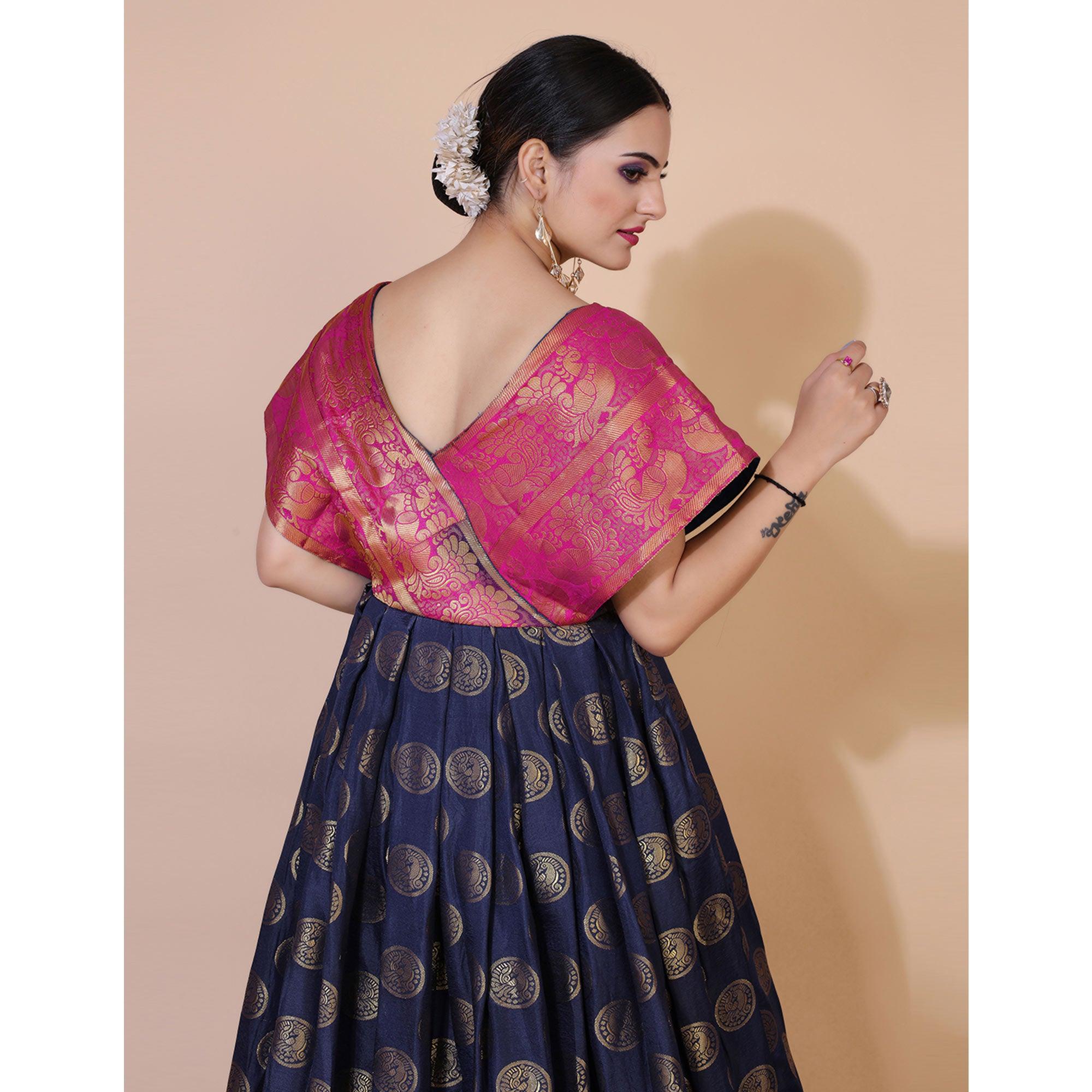 Navy Blue Woven Jacquard Anarkali Style Gown - Peachmode