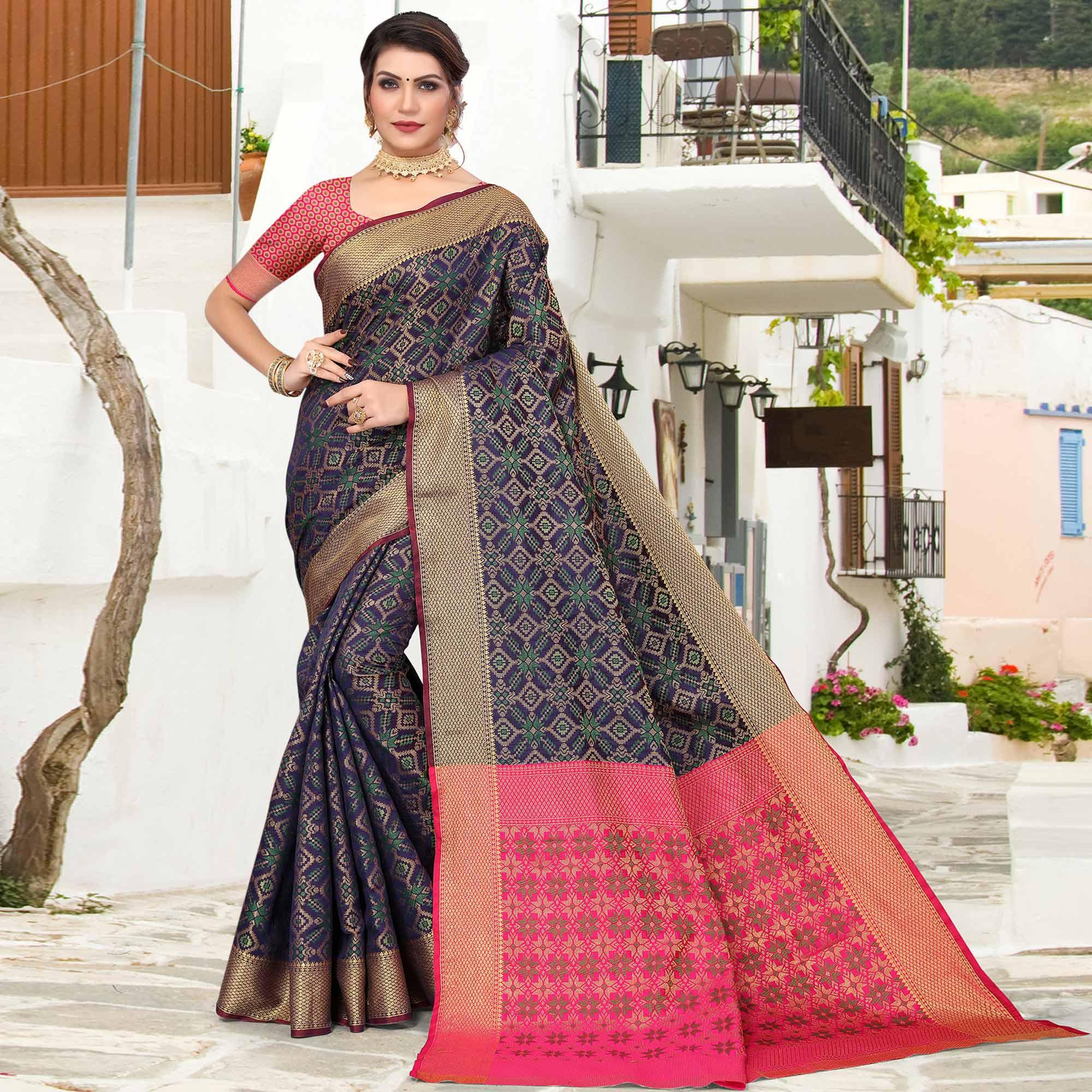 Navy Blue Woven Jacquard Saree - Peachmode