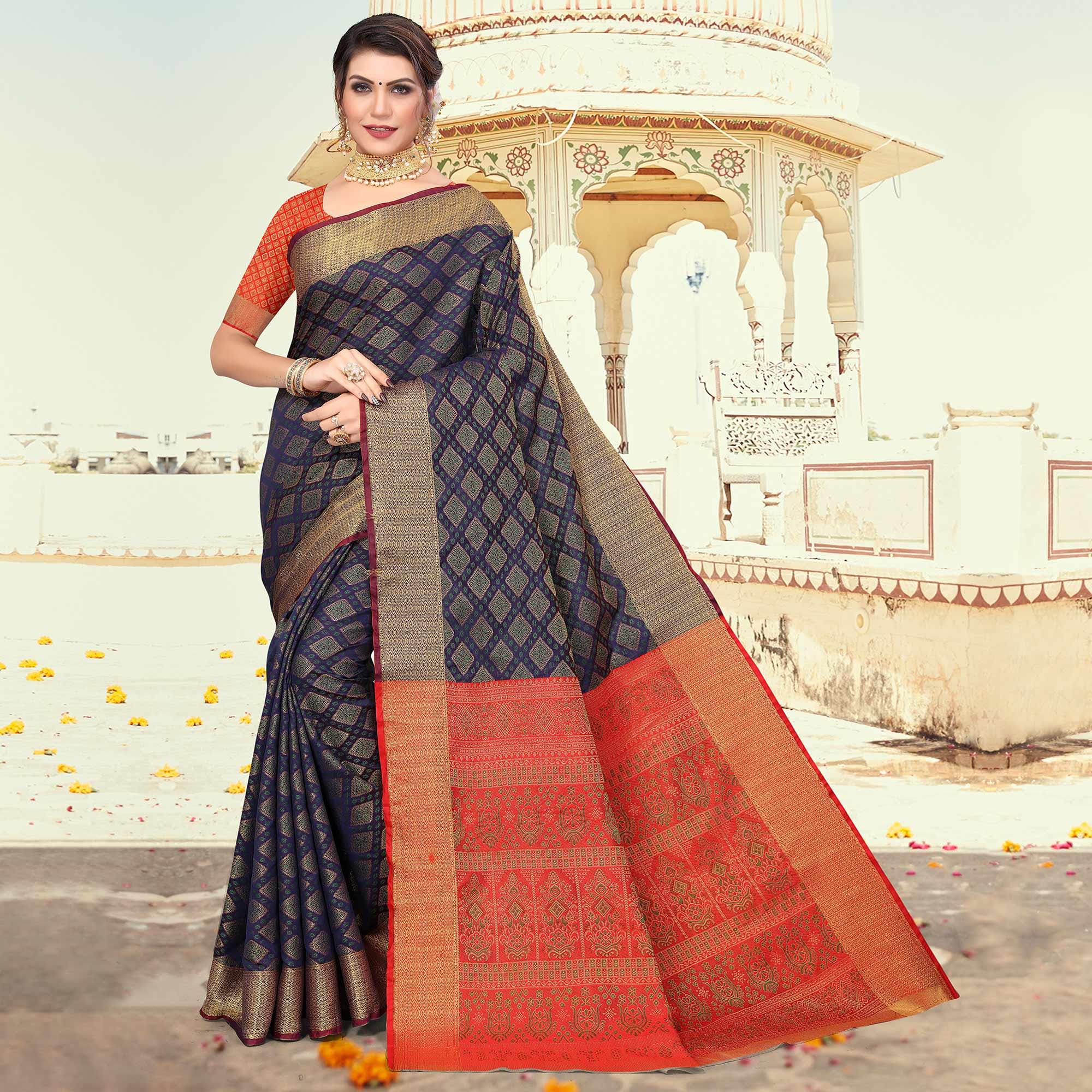 Navy Blue Woven Jacquard Saree - Peachmode