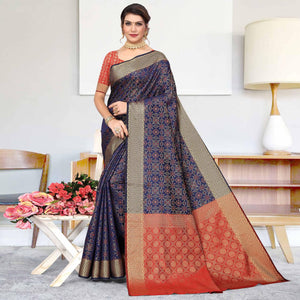 Navy Blue Woven Jacquard Saree - Peachmode