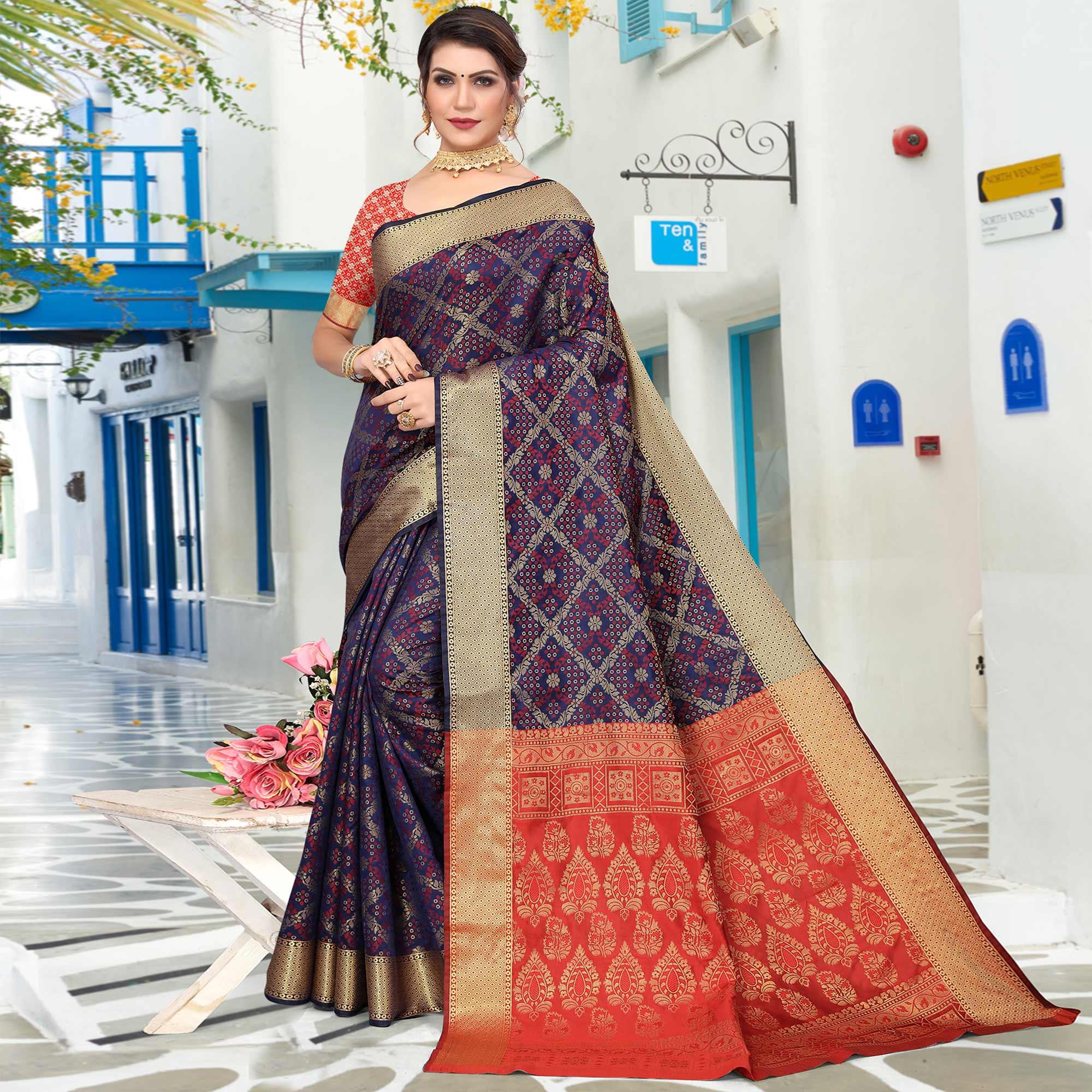 Navy Blue Woven Jacquard Saree - Peachmode