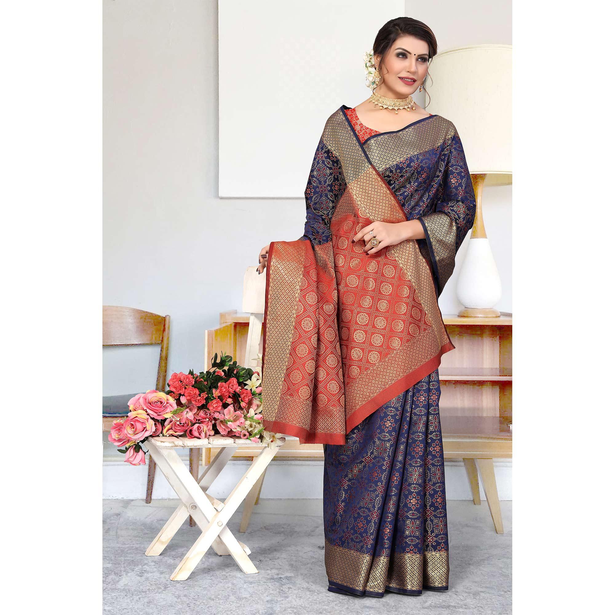 Navy Blue Woven Jacquard Saree - Peachmode