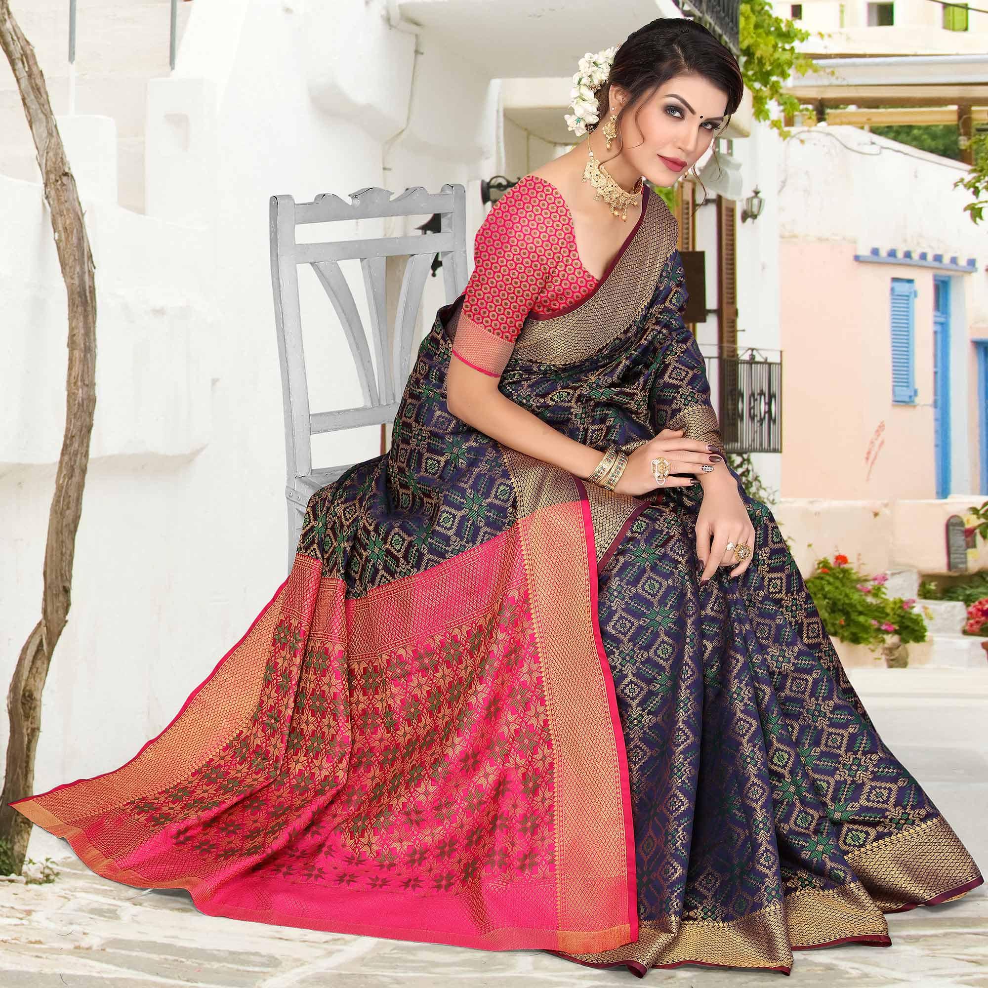 Navy Blue Woven Jacquard Saree - Peachmode