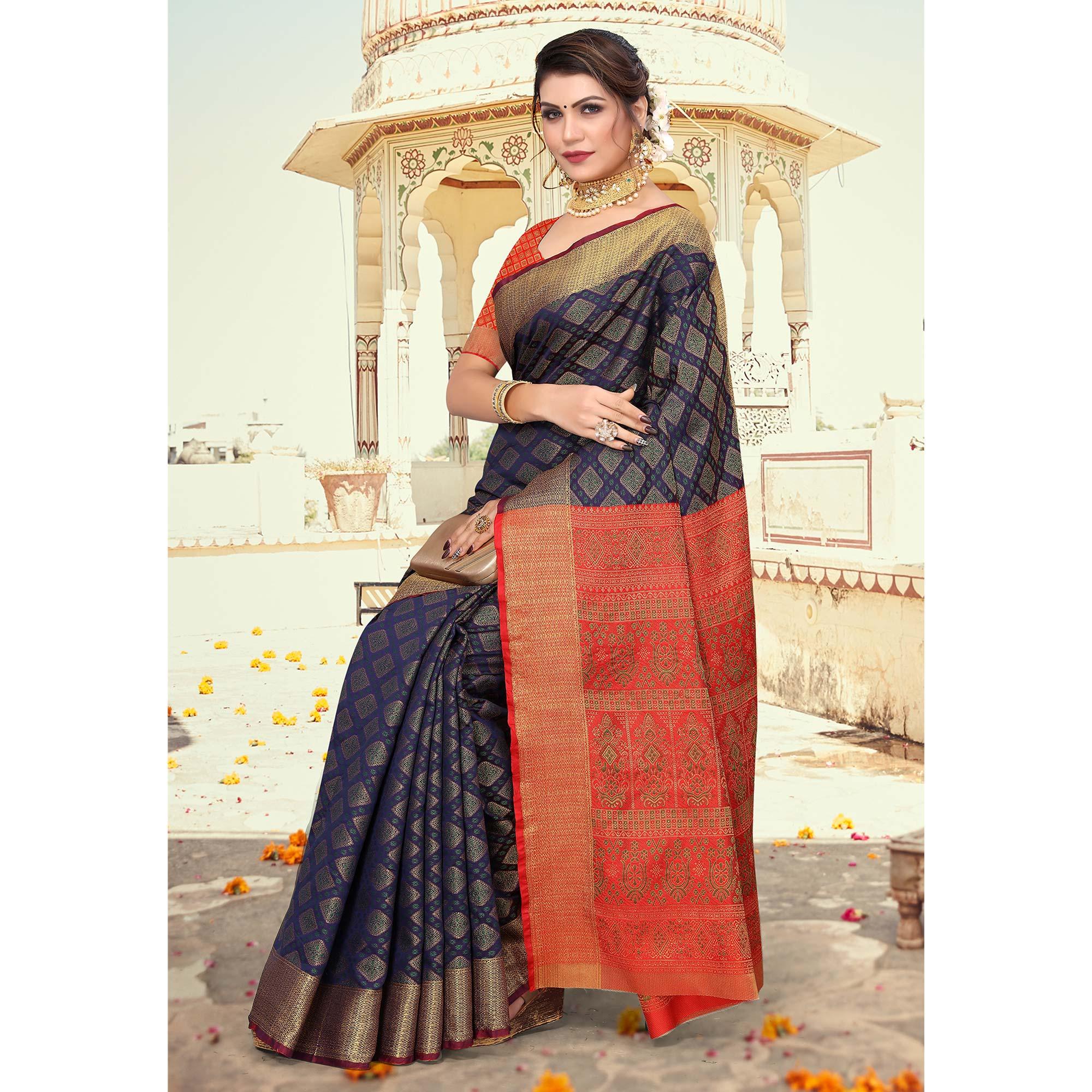 Navy Blue Woven Jacquard Saree - Peachmode