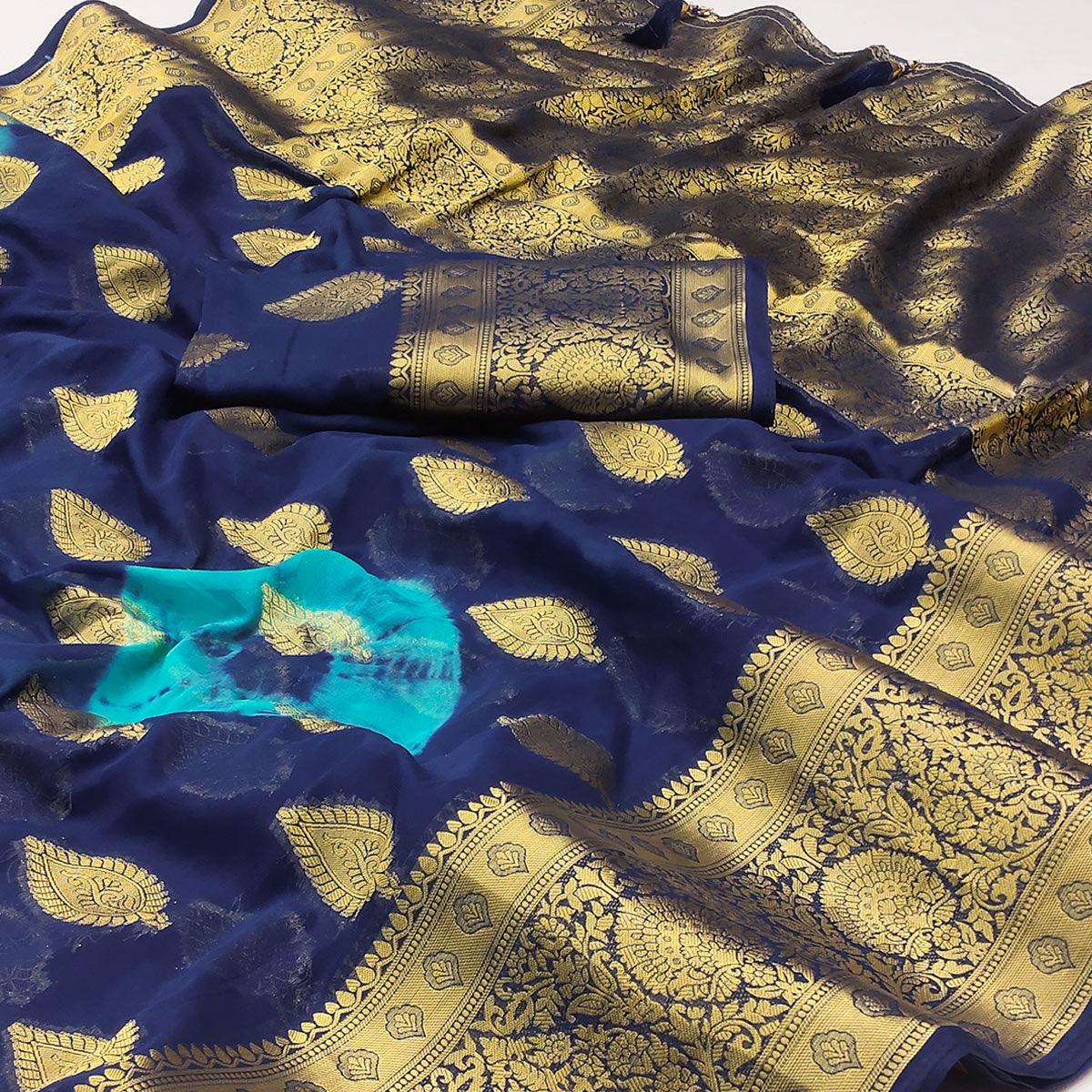 Navy Blue Woven Jacquard Saree With Tassels - Peachmode