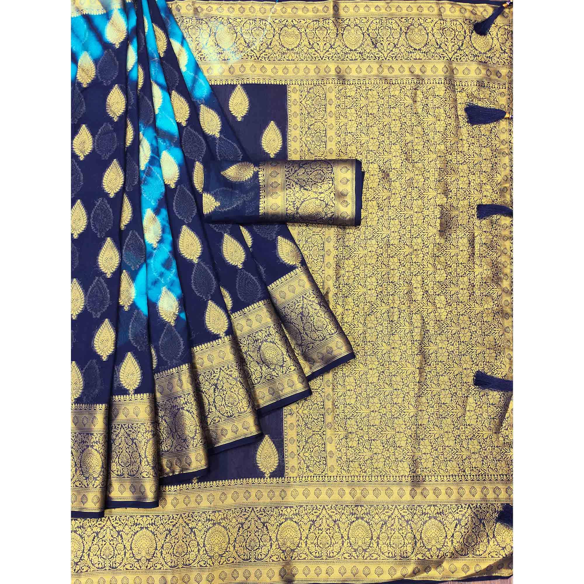 Navy Blue Woven Jacquard Saree With Tassels - Peachmode