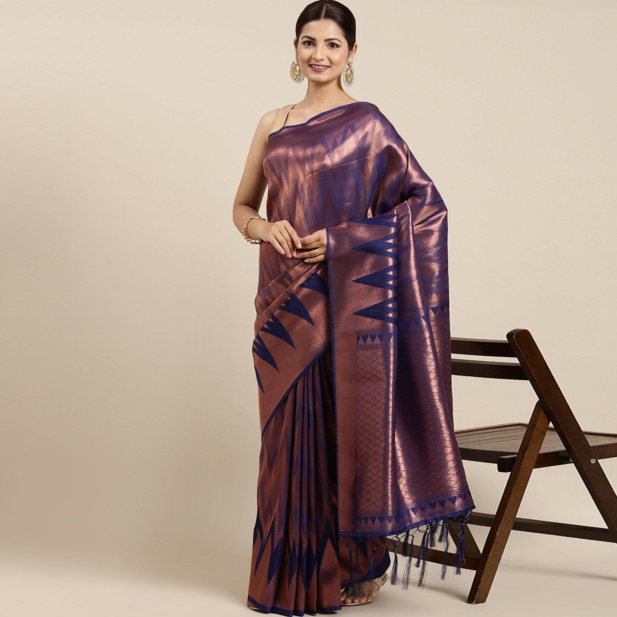 Navy Blue Woven Kanjivaram Silk Saree With Tassels - Peachmode