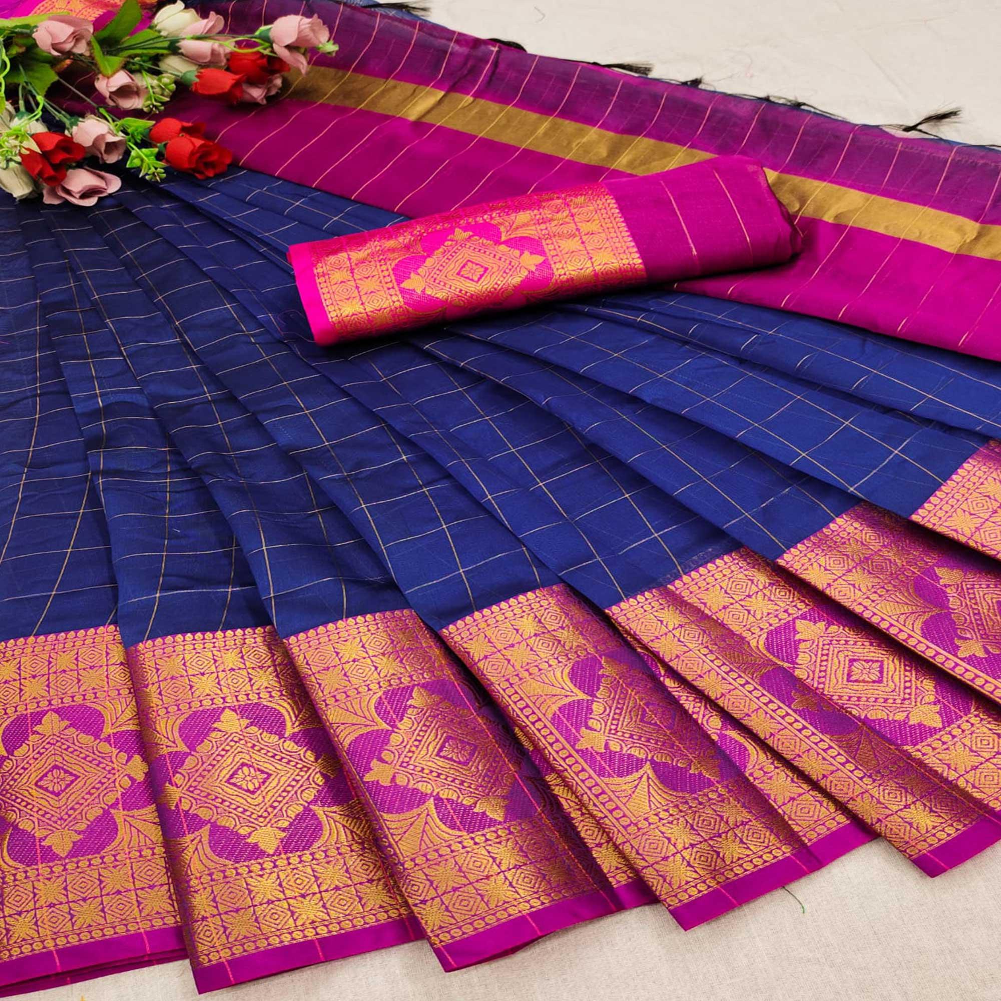 Navy Blue Woven Organza Saree - Peachmode