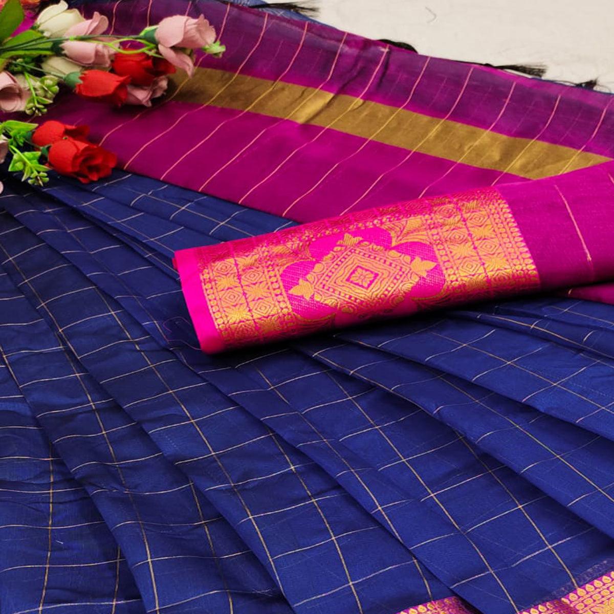 Navy Blue Woven Organza Saree - Peachmode