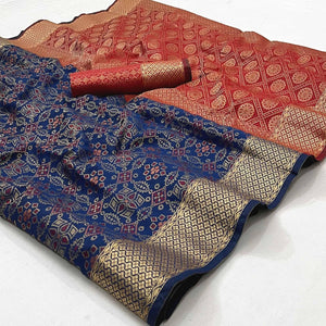 Navy Blue Woven Patola Art Silk Saree - Peachmode