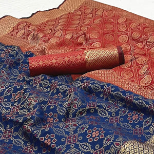 Navy Blue Woven Patola Art Silk Saree - Peachmode