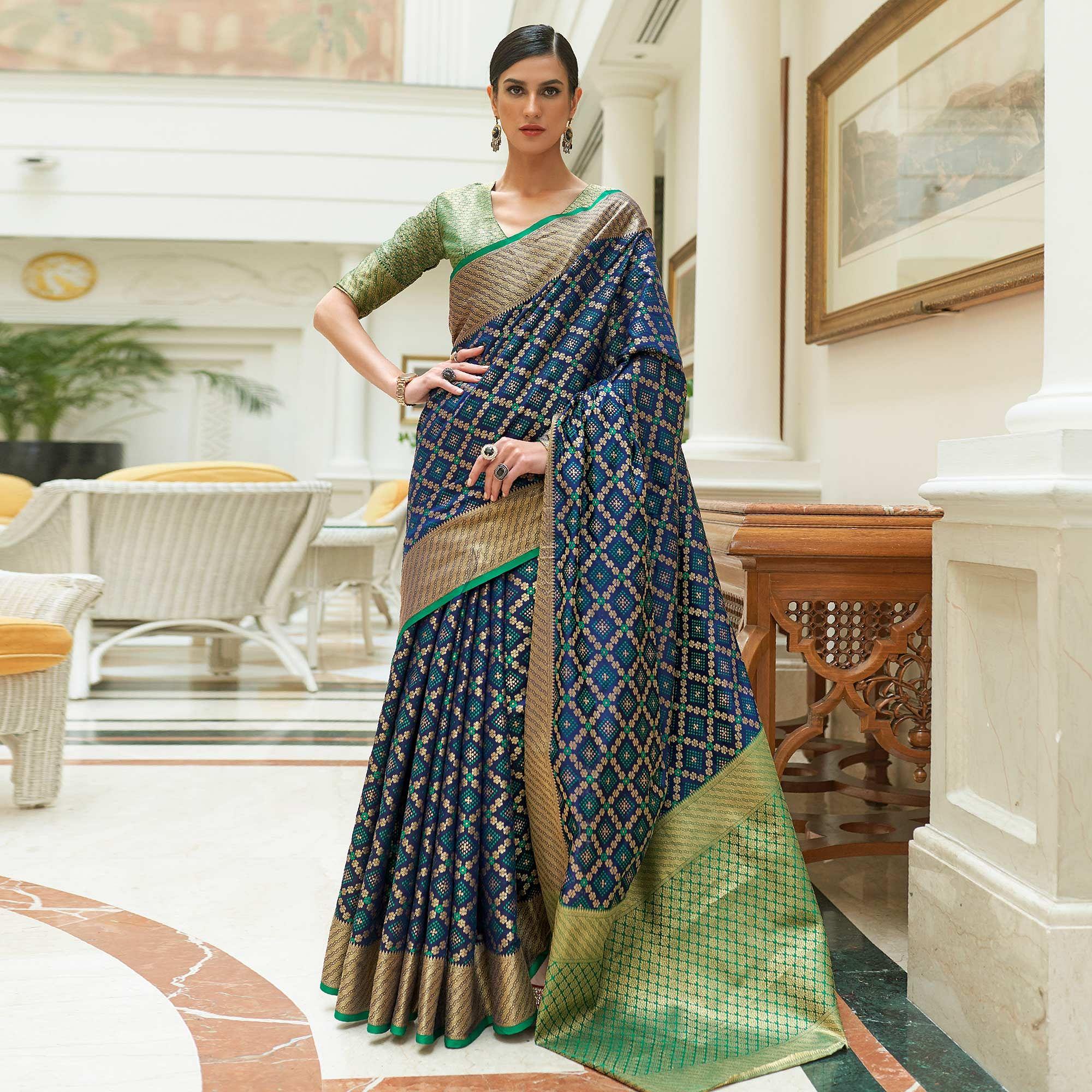 Navy Blue Woven Patola Banarasi Silk Saree - Peachmode