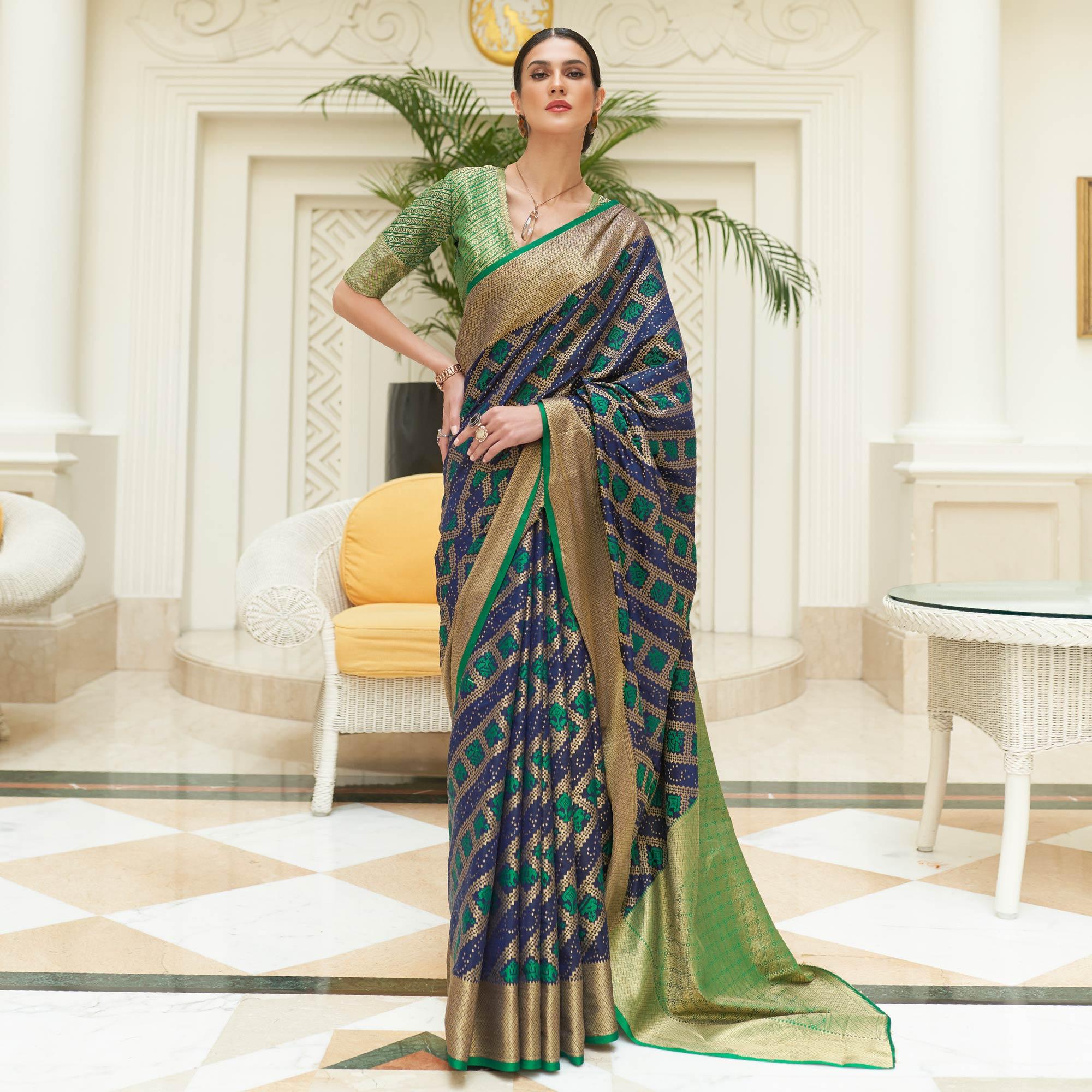 Navy Blue Woven Patola Silk Saree - Peachmode