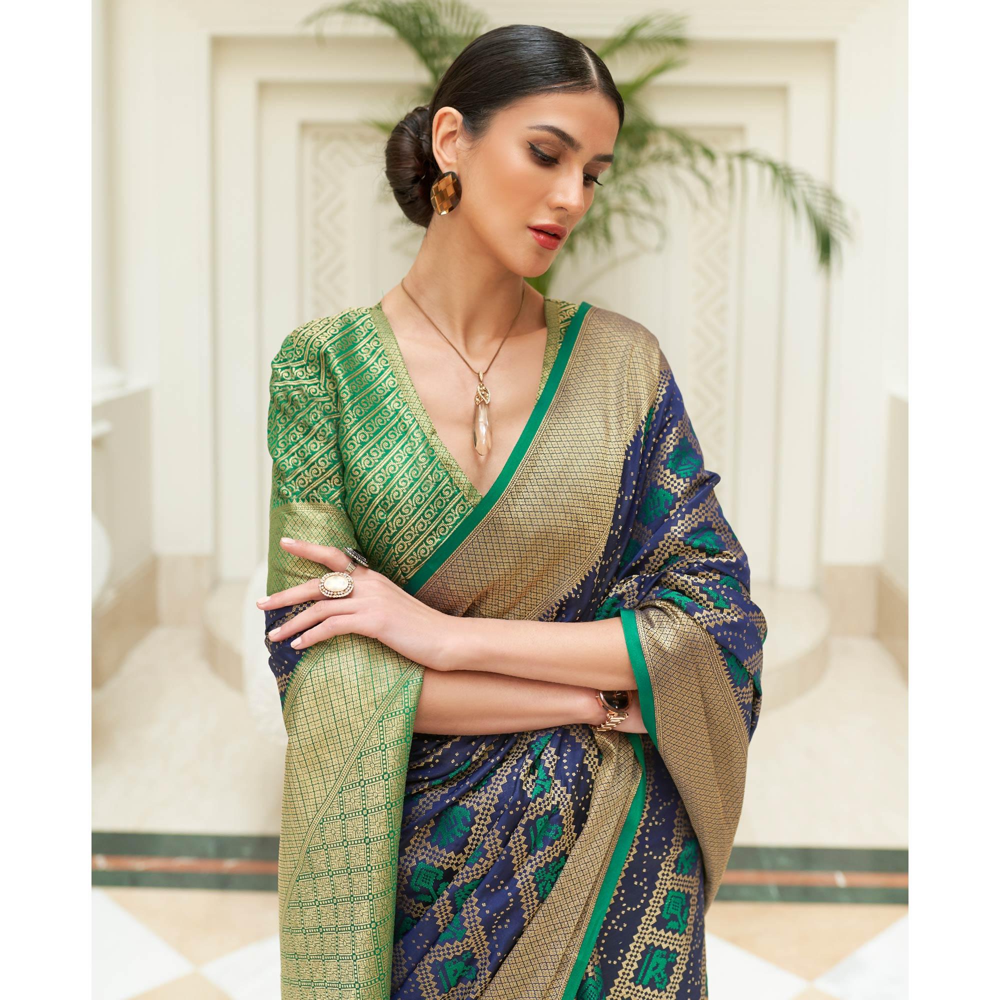 Navy Blue Woven Patola Silk Saree - Peachmode