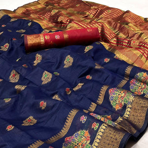 Navy Blue Woven Poly Cotton Saree - Peachmode