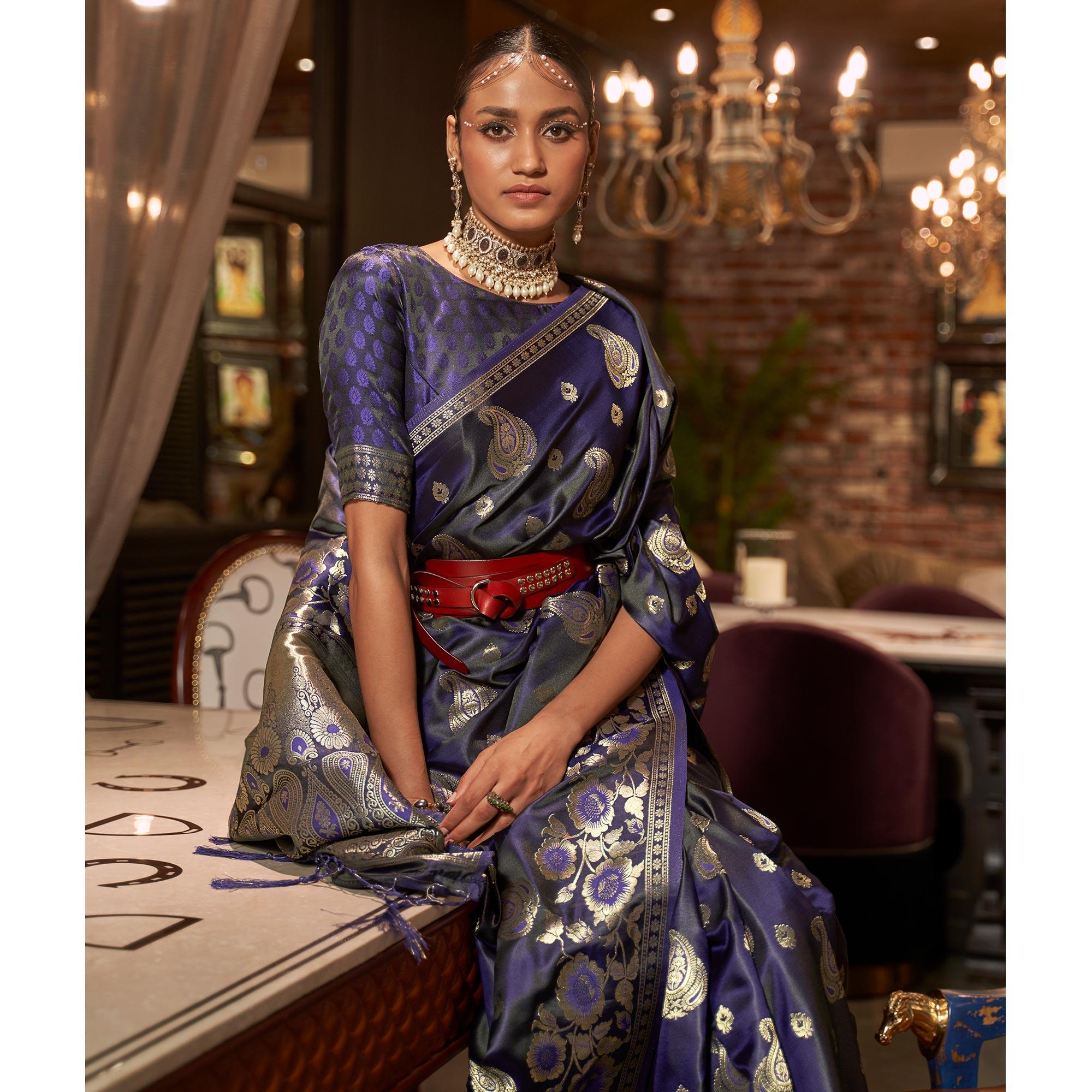 Navy Blue Woven Satin Saree With Tassels - Peachmode