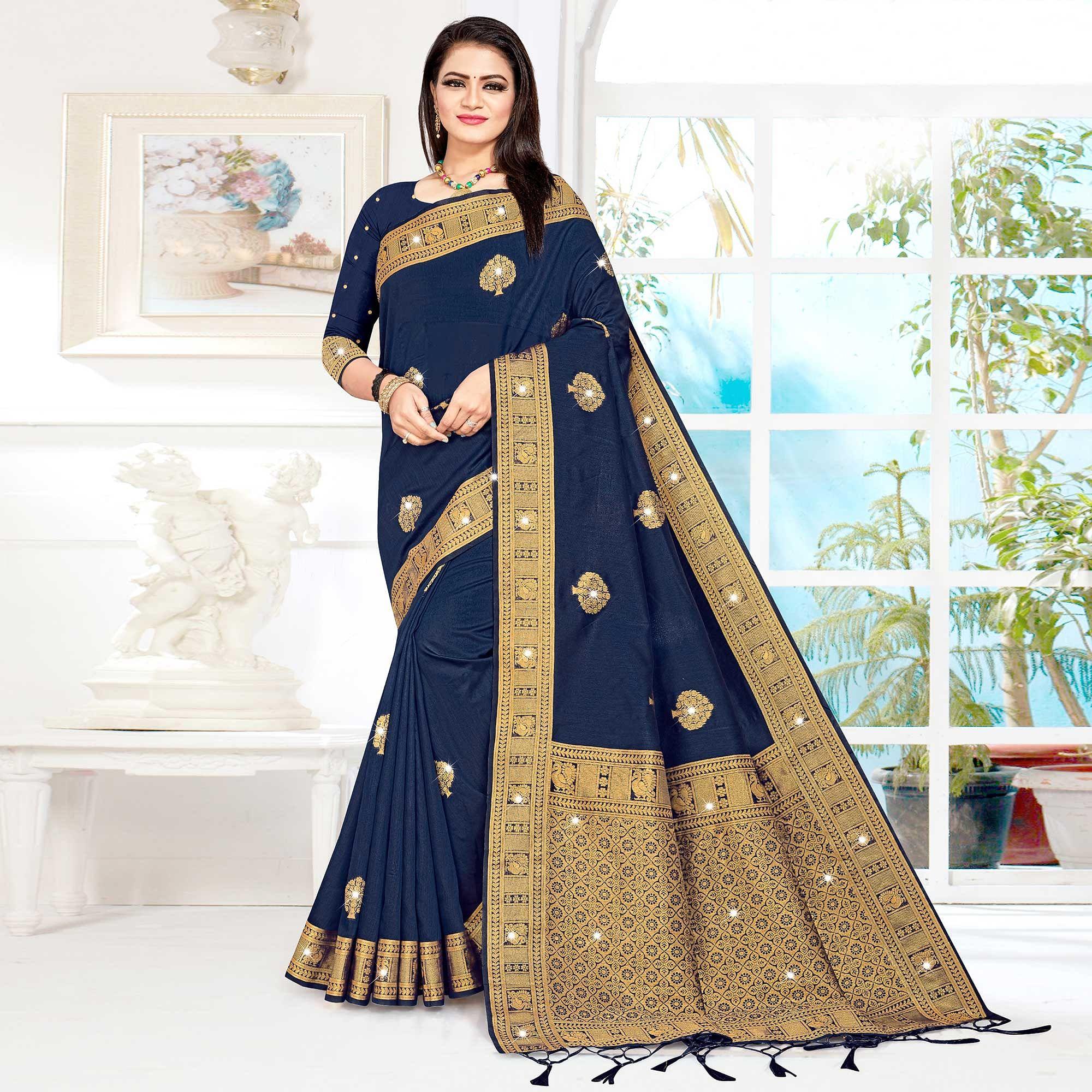 Navy Blue Woven With Swarovski Cotton Silk Saree With Tassels - Peachmode