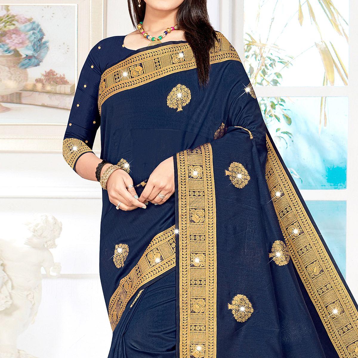 Navy Blue Woven With Swarovski Cotton Silk Saree With Tassels - Peachmode