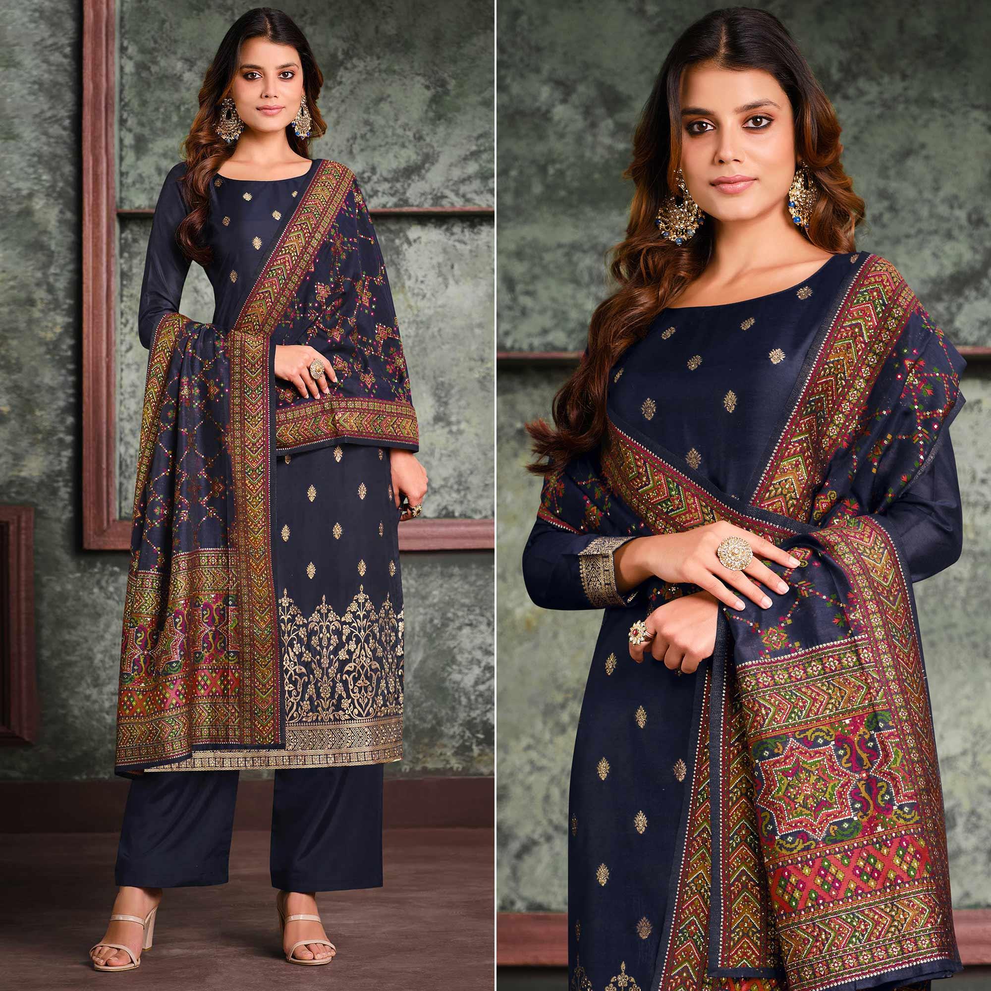 Navy Blue Woven With Swarovski Work Silk Partywear Suit - Peachmode