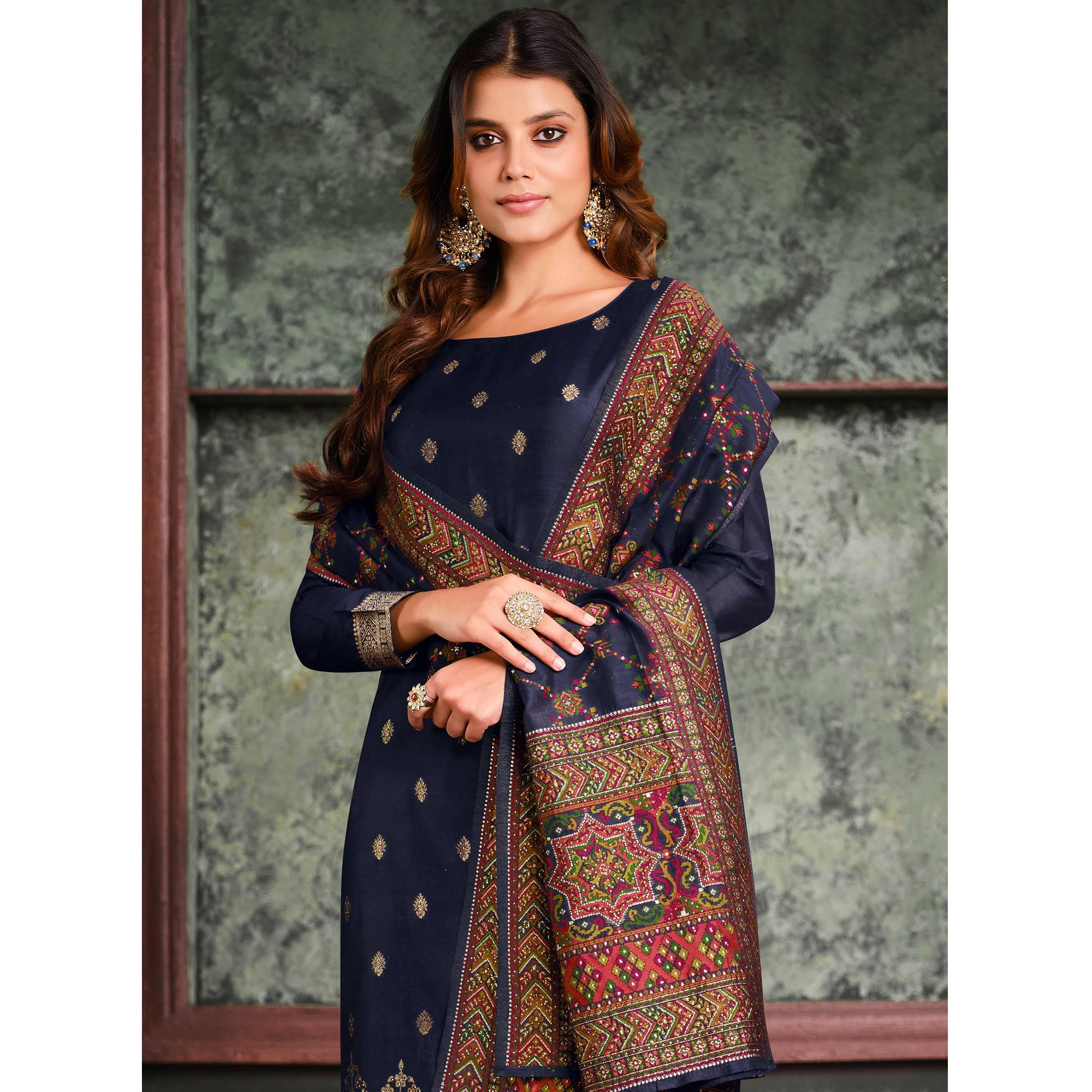 Navy Blue Woven With Swarovski Work Silk Partywear Suit - Peachmode