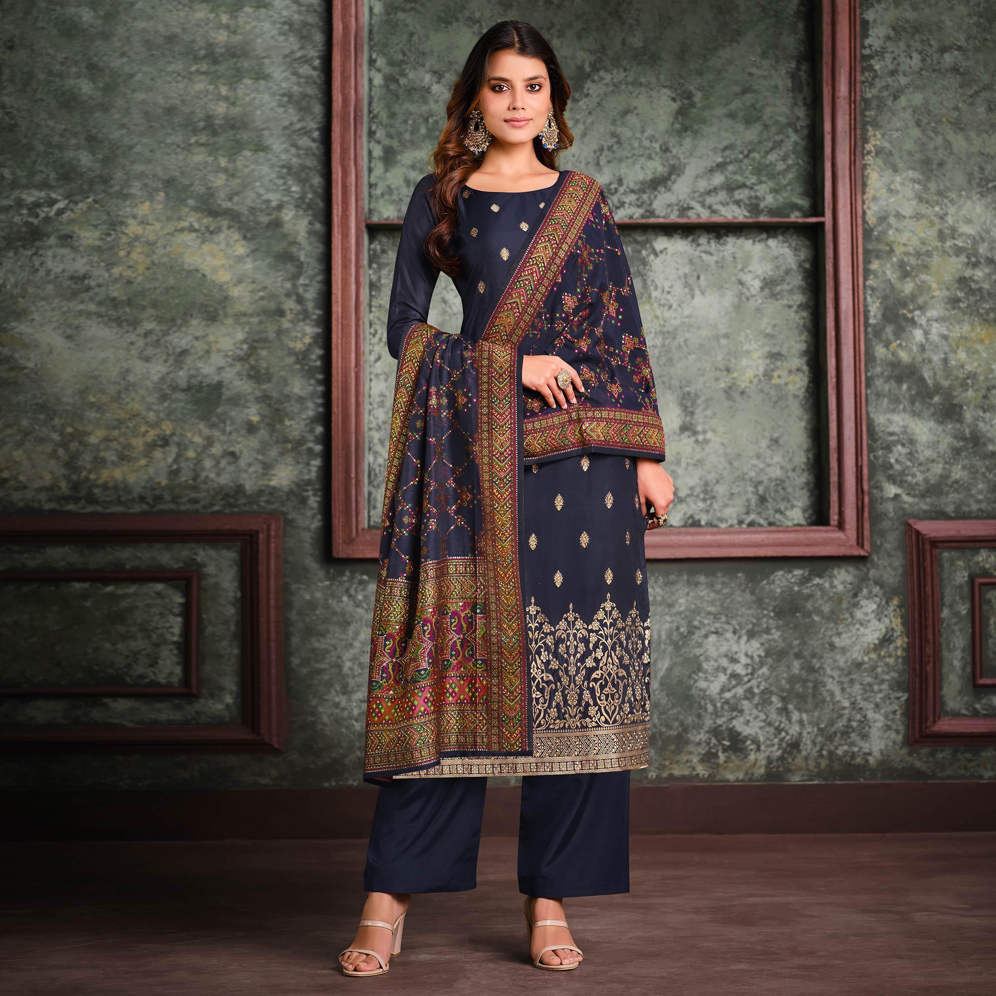 Navy Blue Woven With Swarovski Work Silk Partywear Suit - Peachmode