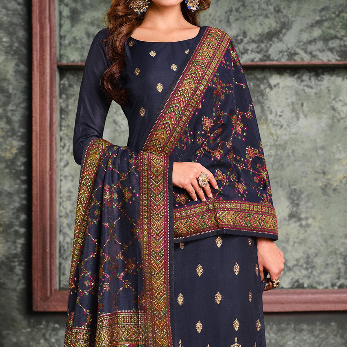 Navy Blue Woven With Swarovski Work Silk Partywear Suit - Peachmode