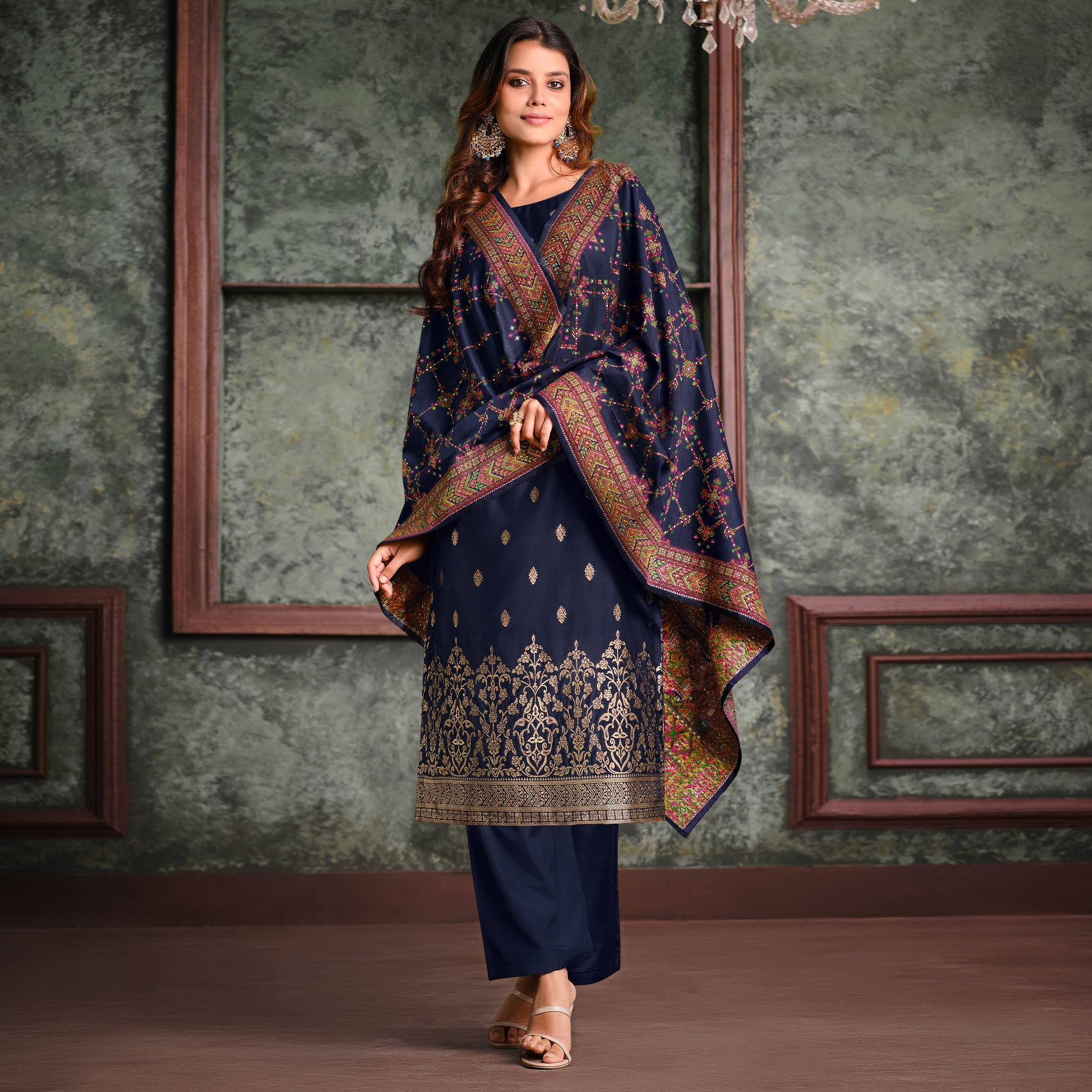 Navy Blue Woven With Swarovski Work Silk Partywear Suit - Peachmode