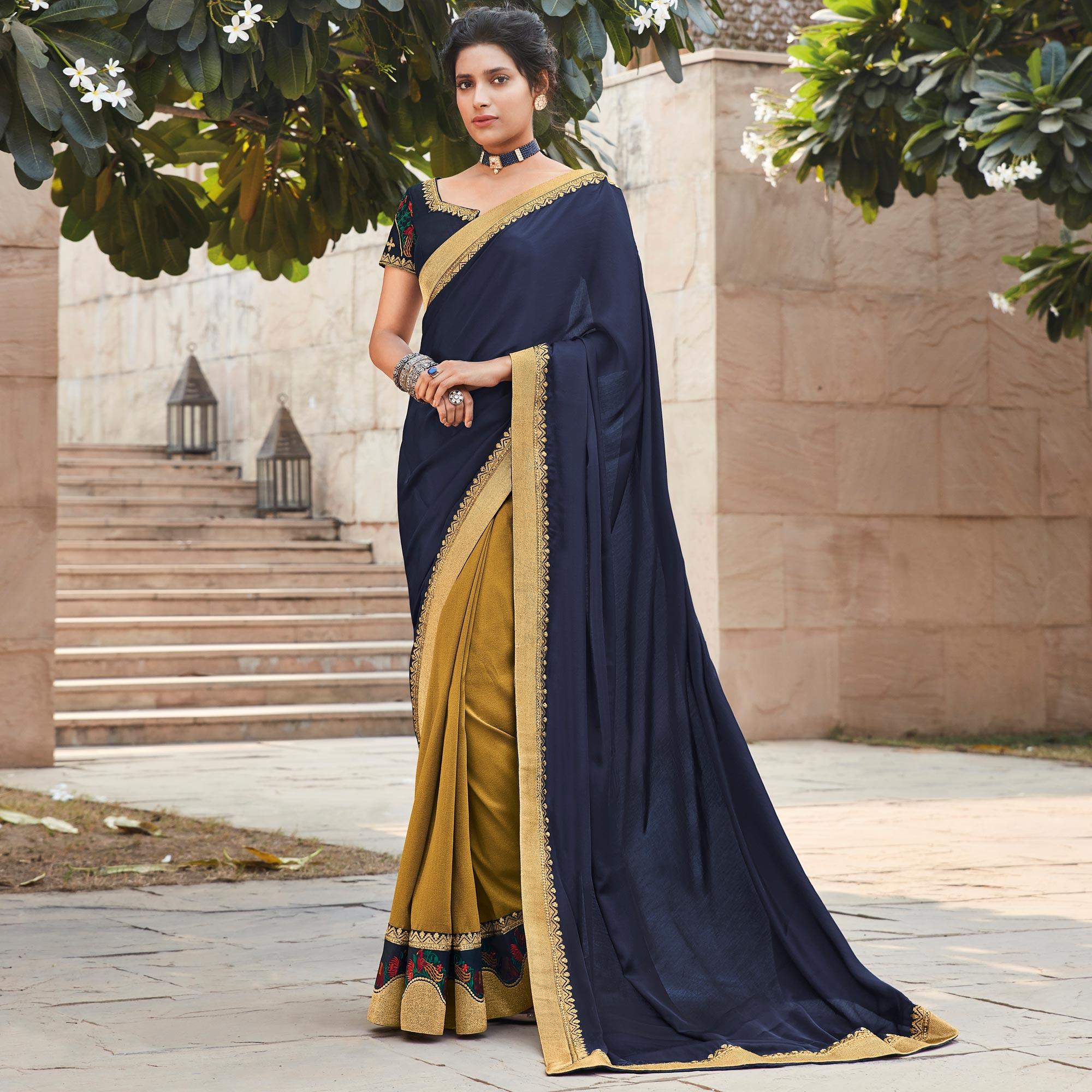 Navy Blue - Yellow Festive Wear Woven Silk Saree With Border - Peachmode