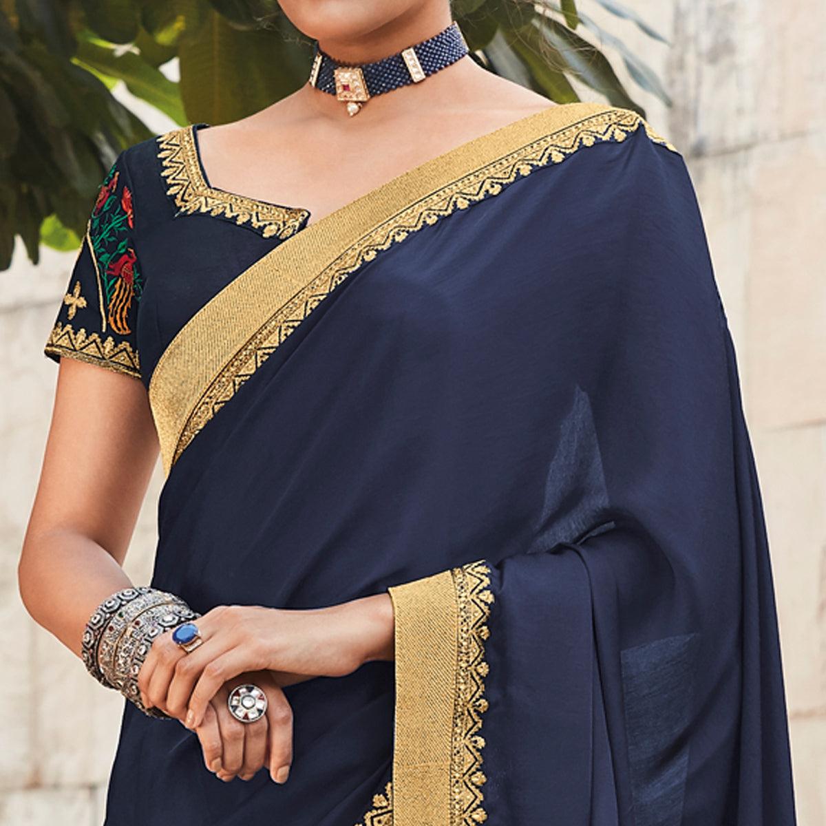 Navy Blue - Yellow Festive Wear Woven Silk Saree With Border - Peachmode