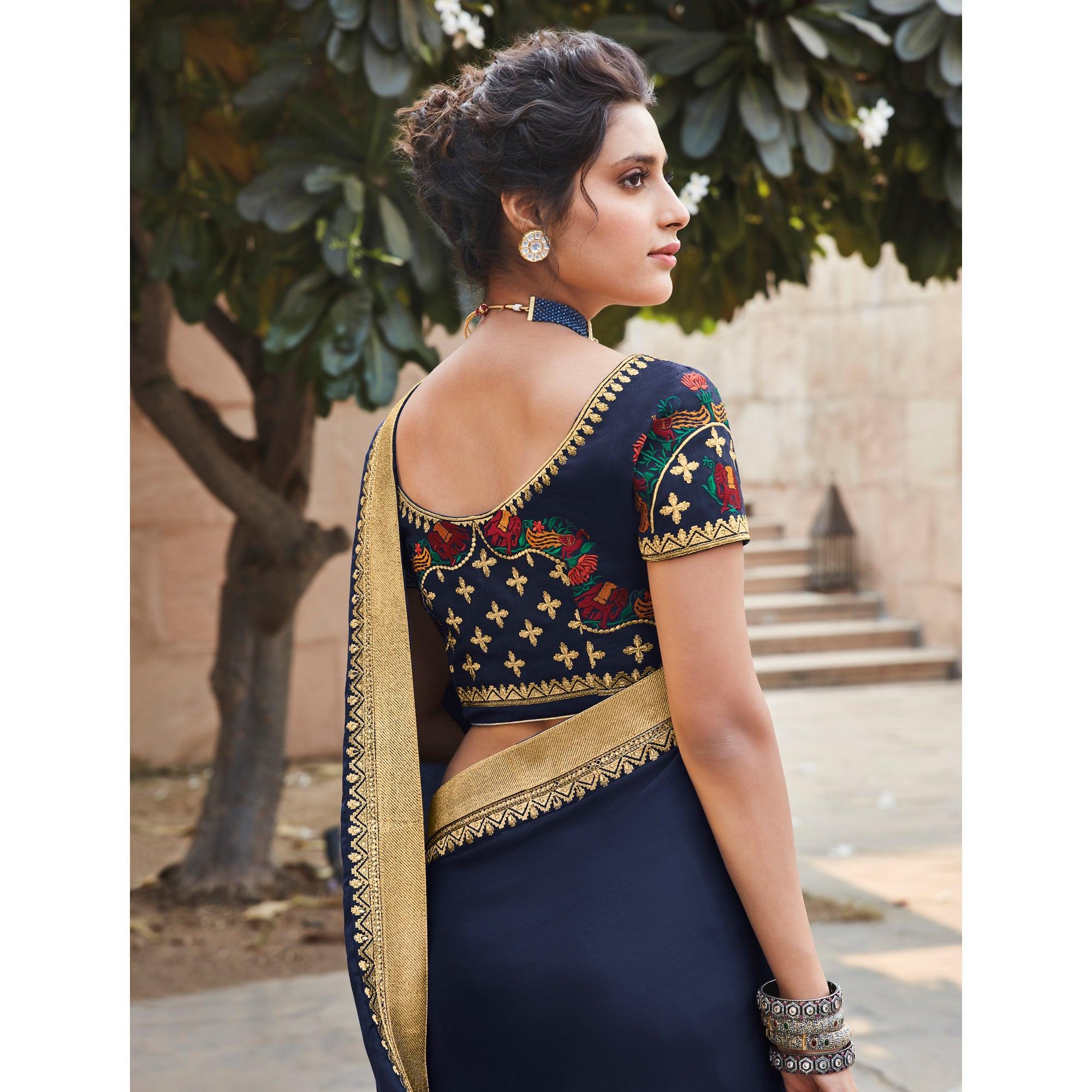 Navy Blue - Yellow Festive Wear Woven Silk Saree With Border - Peachmode