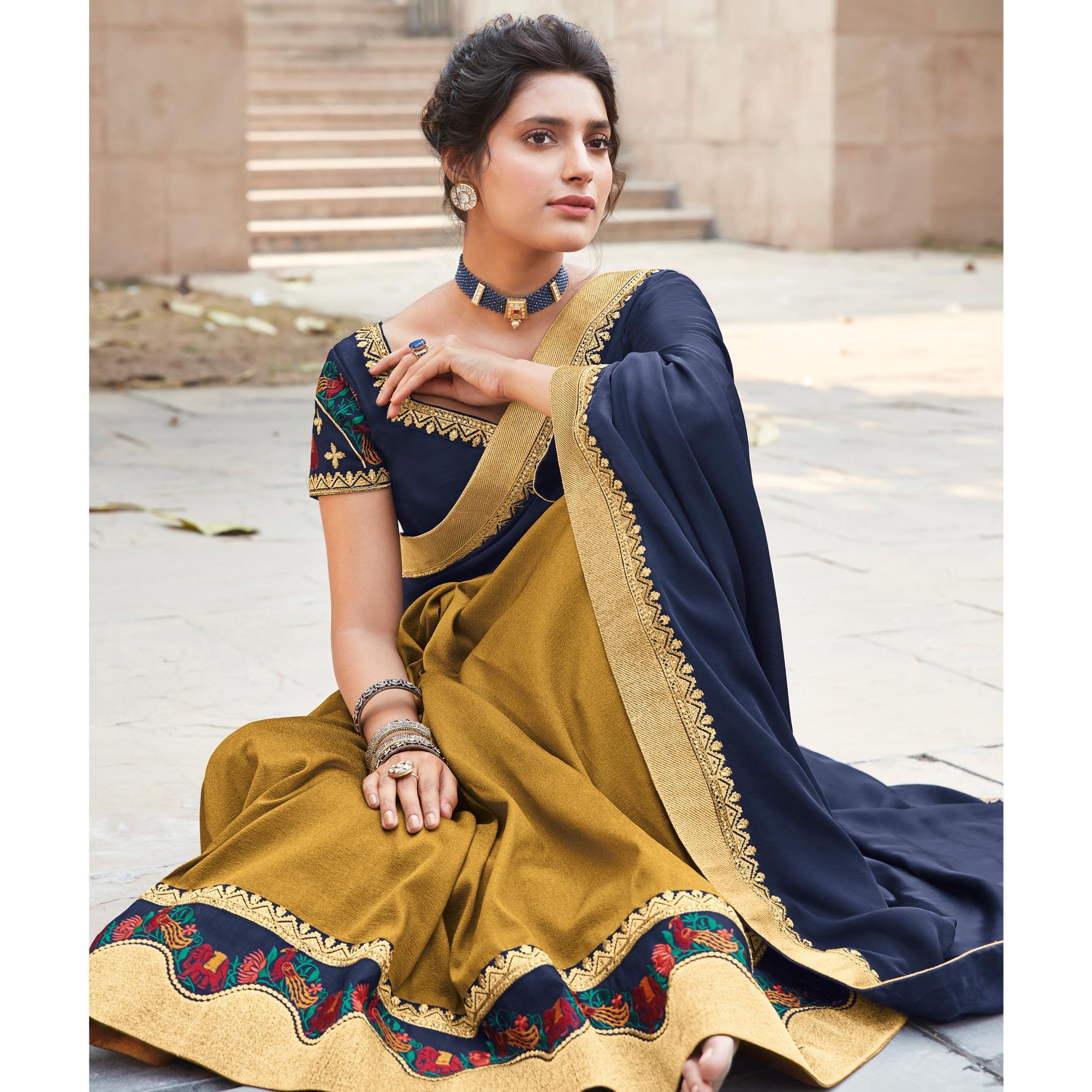 Navy Blue - Yellow Festive Wear Woven Silk Saree With Border - Peachmode