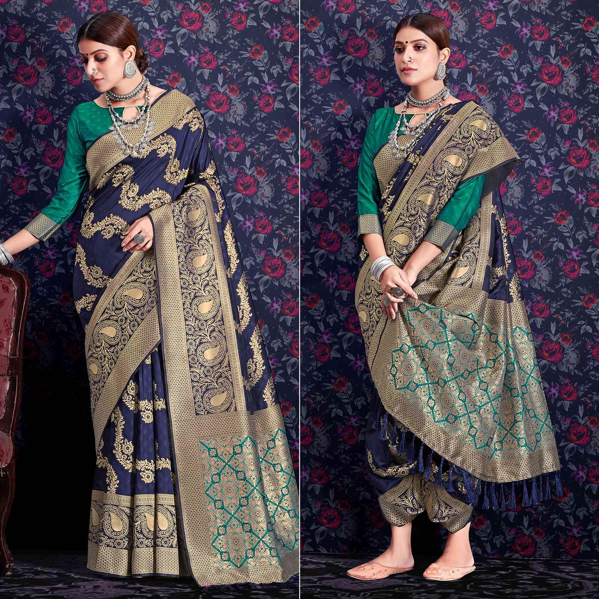 Navy Blue Zari Woven Art Silk Saree - Peachmode