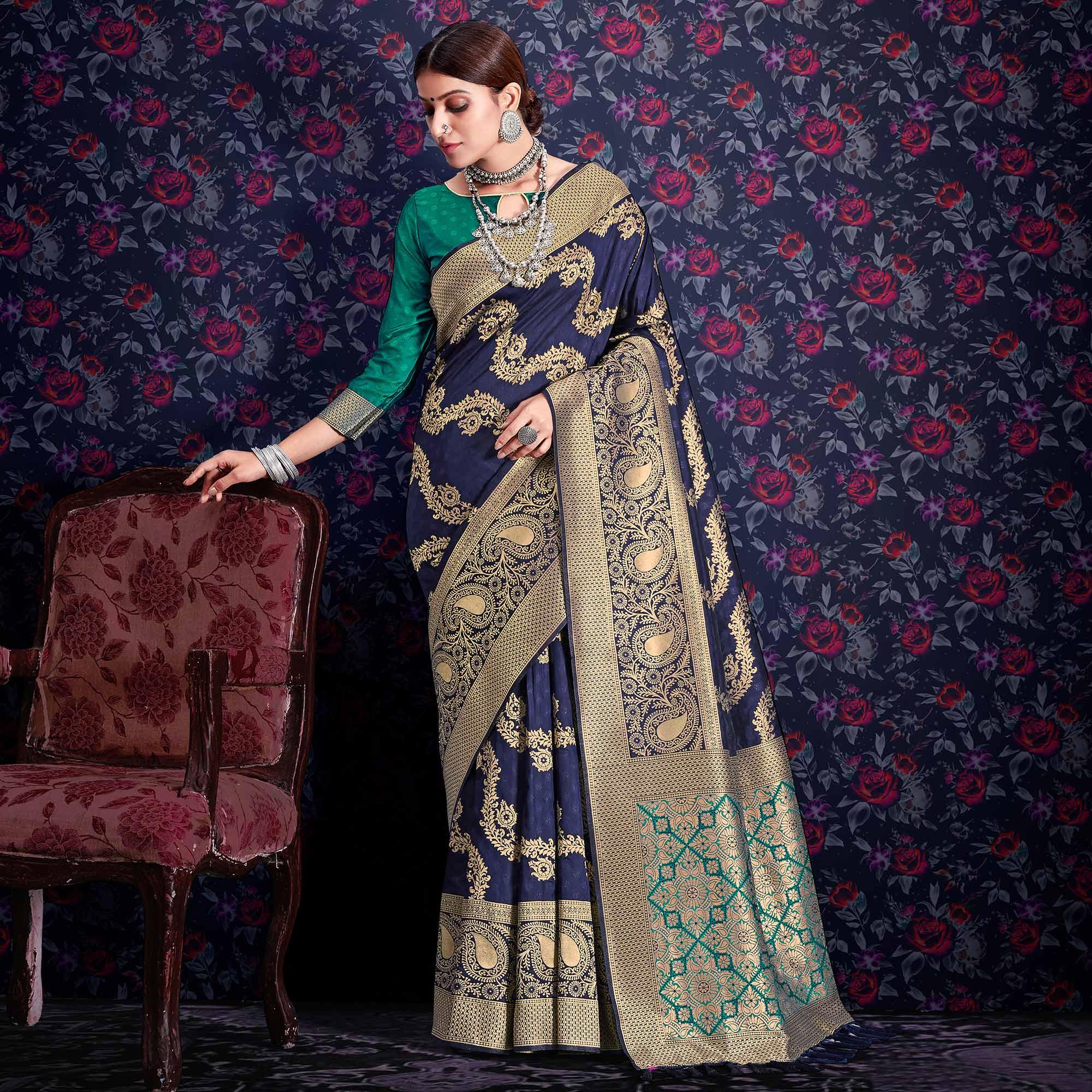 Navy Blue Zari Woven Art Silk Saree - Peachmode