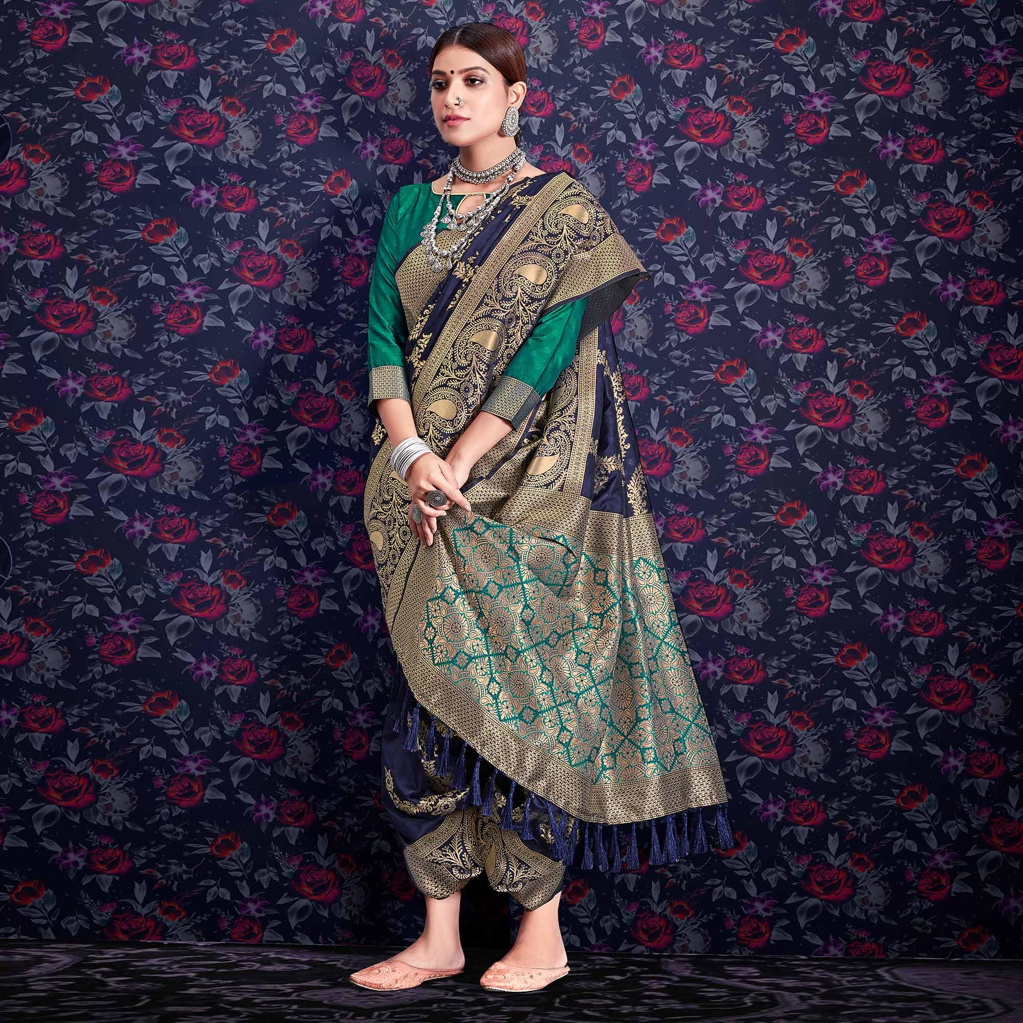 Navy Blue Zari Woven Art Silk Saree - Peachmode